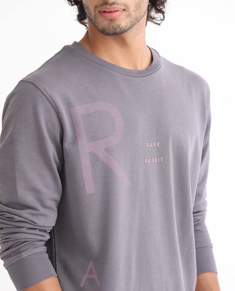 Rare Rabbit Men's Drovie Purple Cotton Polyester Fabric Full Sleeves Logo Graphic Print Knitted Sweatshirt