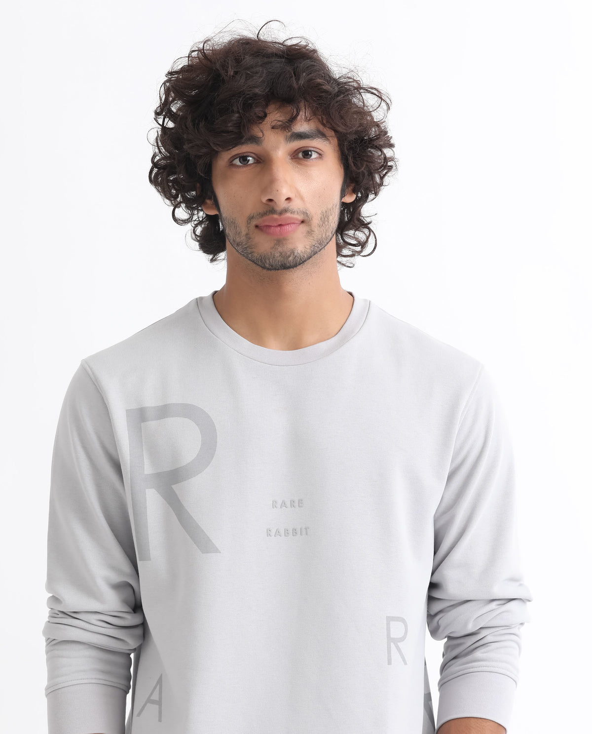 Rare Rabbit Men's Drovie Grey Cotton Polyester Fabric Full Sleeves Graphic Printed Logo Knitted Sweatshirt