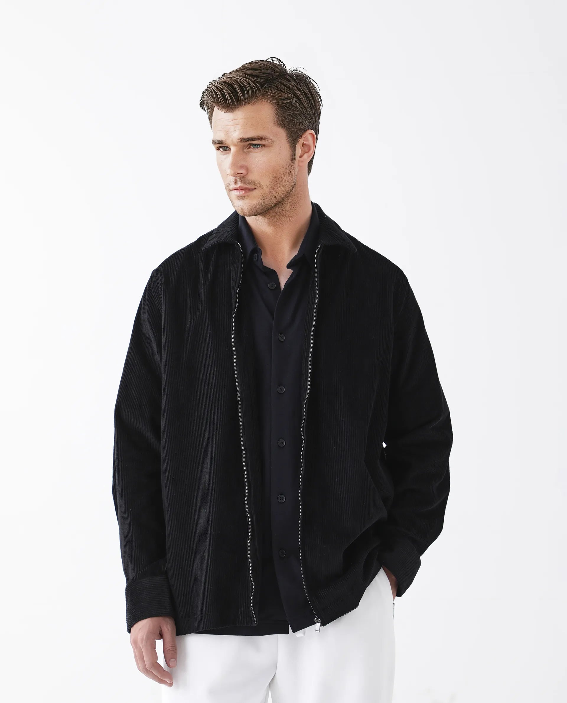 Rare Rabbit Men's Drozz Black Cotton Textured Relaxed Fit Full Sleeve Collared Shirt