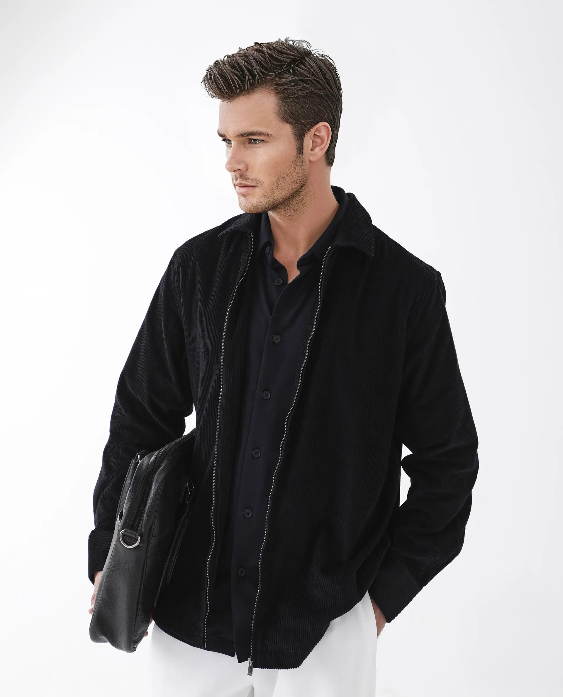 Rare Rabbit Men's Drozz Black Cotton Textured Relaxed Fit Full Sleeve Collared Shirt