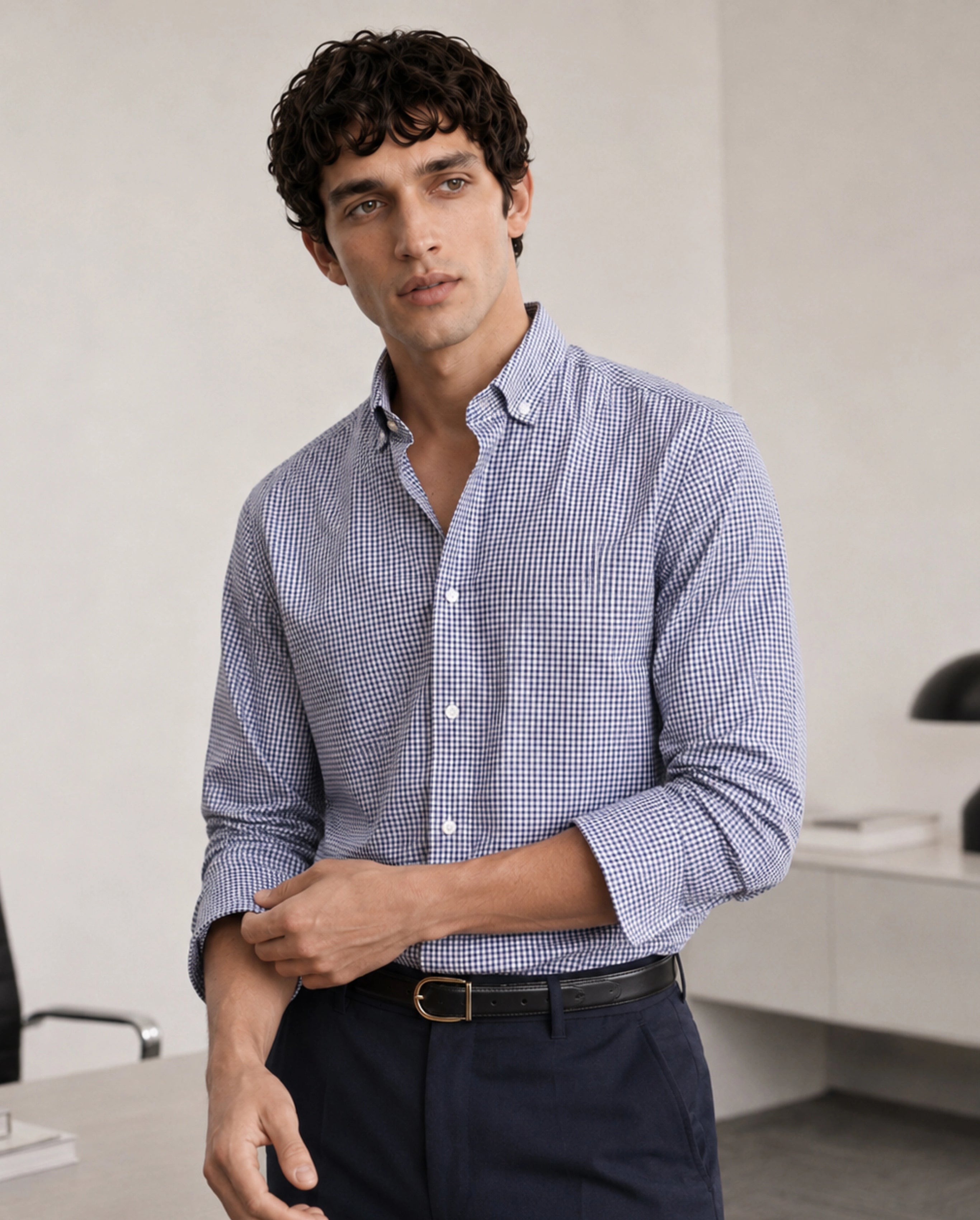 Rare Rabbit Men's Drv Navy Cotton Blend Button-down Collar Regular Checked Shirt