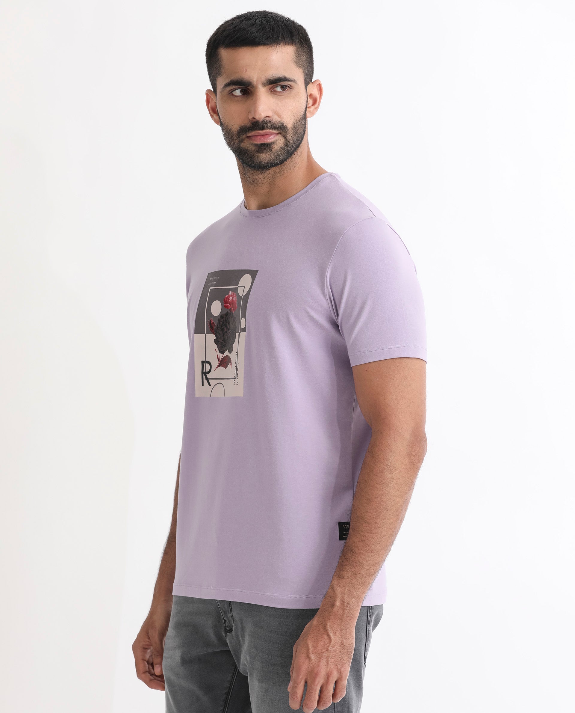 Rare Rabbit Men's Dryden Light Purple Crew Neck Floral Graphic HD Print Half Sleeves Slim Fit T-Shirt