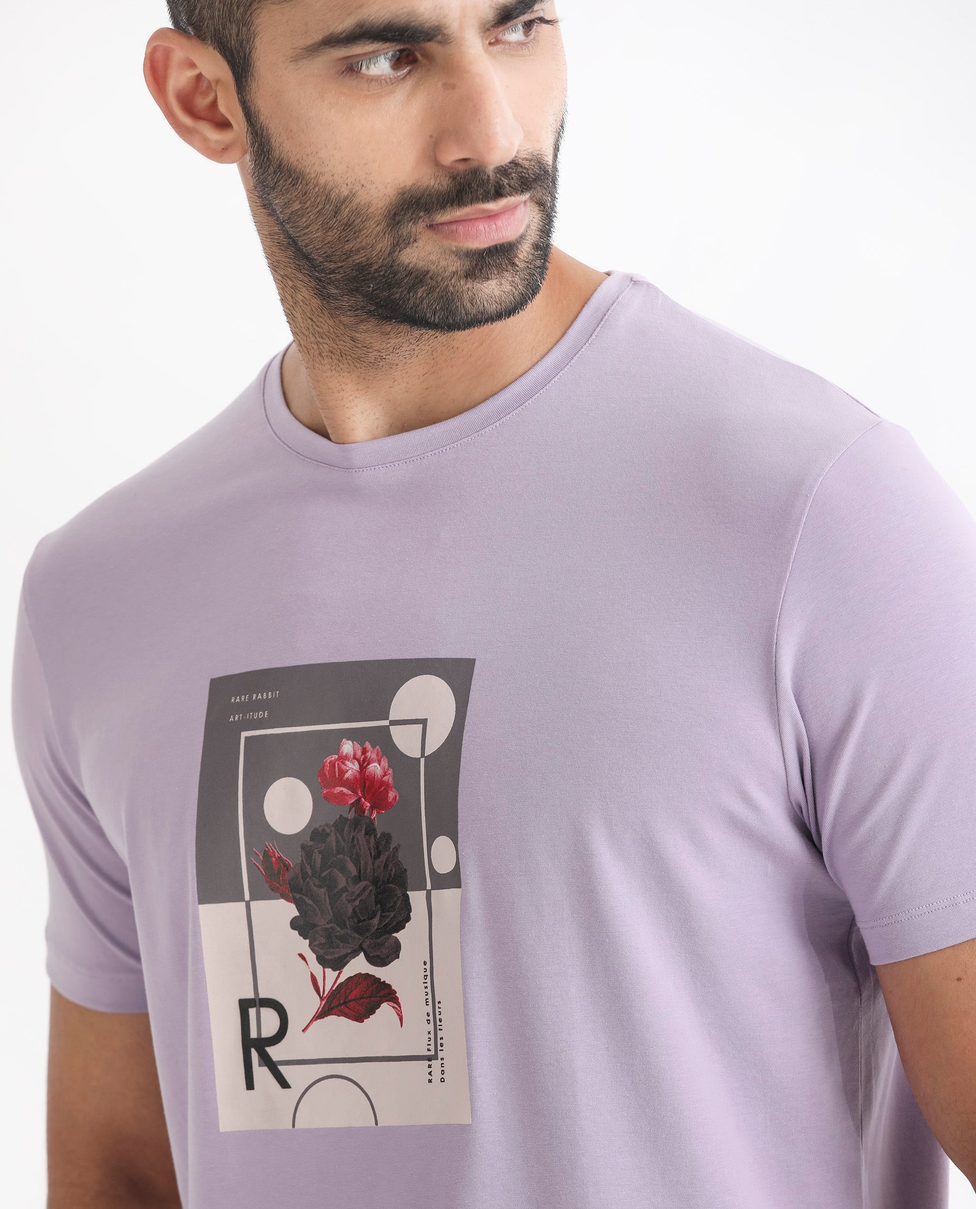 Rare Rabbit Men's Dryden Light Purple Crew Neck Floral Graphic HD Print Half Sleeves Slim Fit T-Shirt