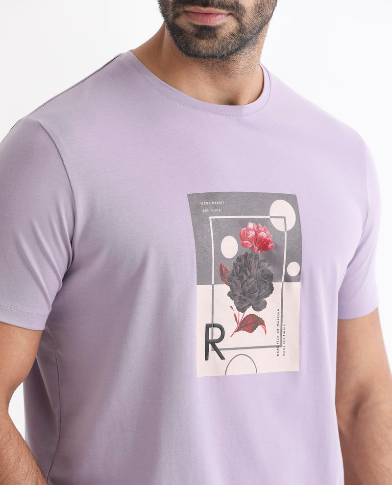 Rare Rabbit Men's Dryden Light Purple Crew Neck Floral Graphic HD Print Half Sleeves Slim Fit T-Shirt