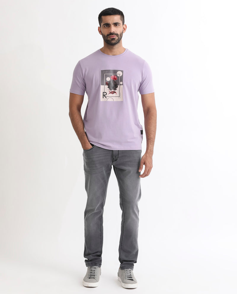 Rare Rabbit Men's Dryden Light Purple Crew Neck Floral Graphic HD Print Half Sleeves Slim Fit T-Shirt
