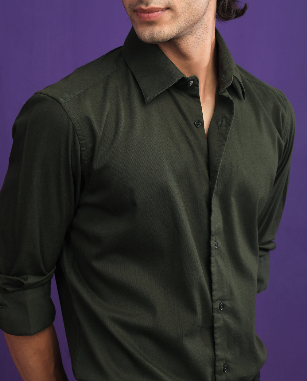 Rare Rabbit Men's Bicton Dark Green Cotton Lycra Fabric Full Sleeves Solid Twill Shirt main image 0