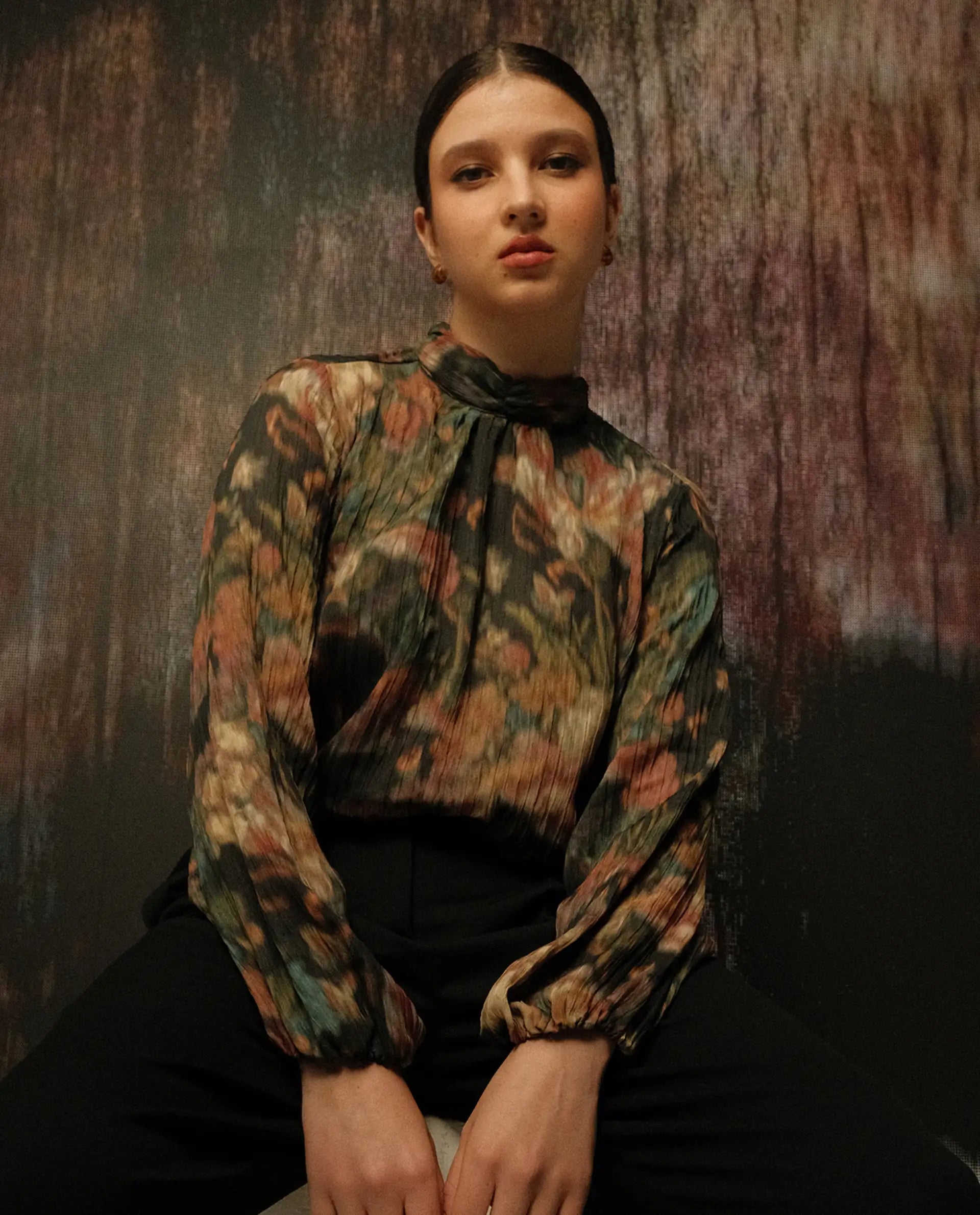 Rareism Women's Nehon Black Polyester Bishop Sleeve Band Collar Relaxed Fit Top