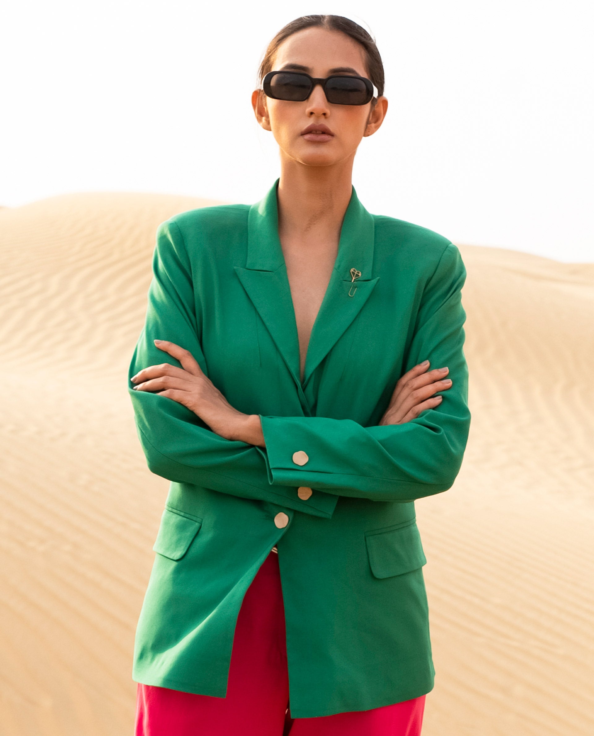 Rareism Women Ziva Green Polyester Fabric Full Sleeves Button Closure Lapel Neck Tailored Fit Plain Blazer