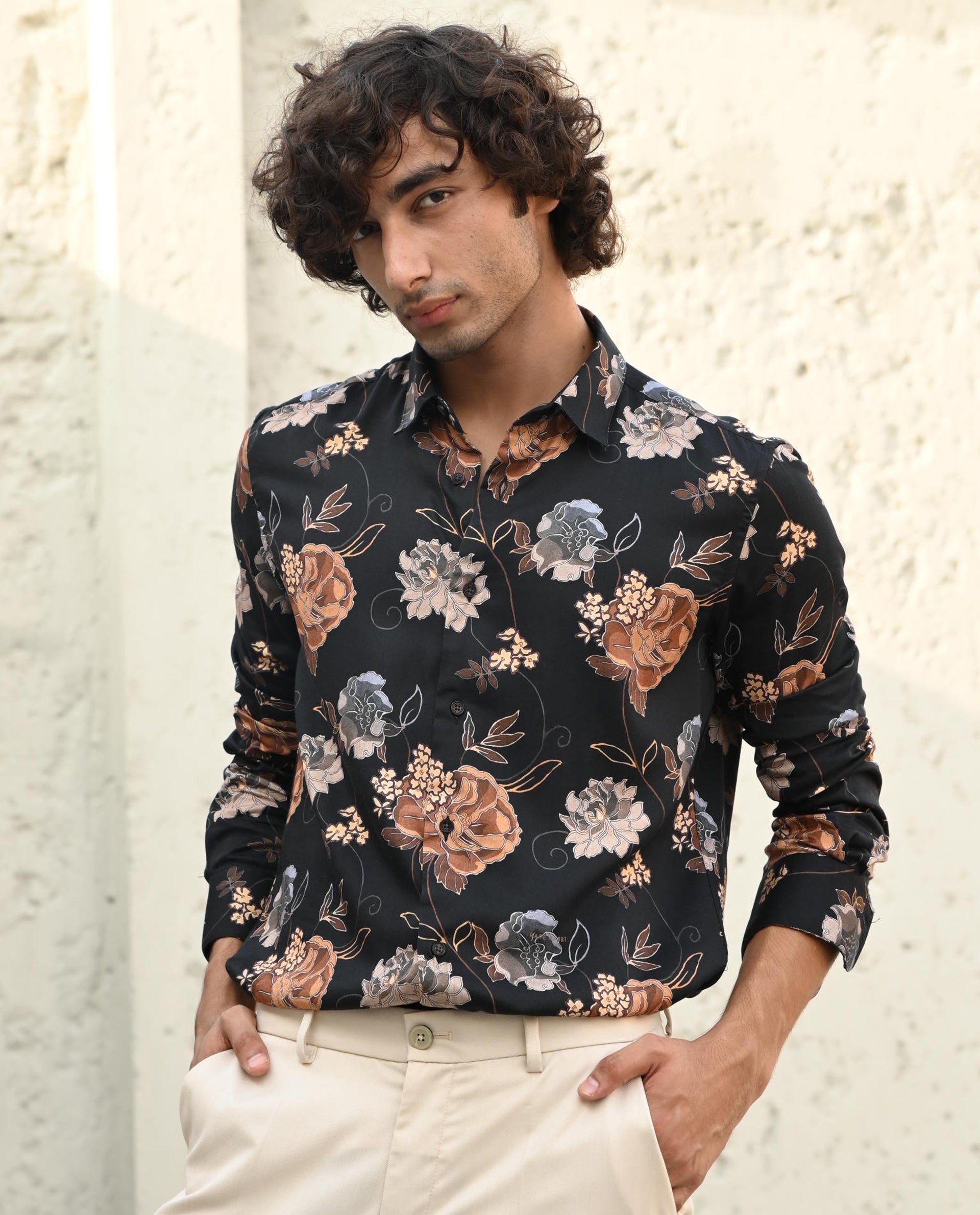 Rare Rabbit Men's Marne Black Cotton Viscose Fabric Floral Print Full Sleeves Shirt