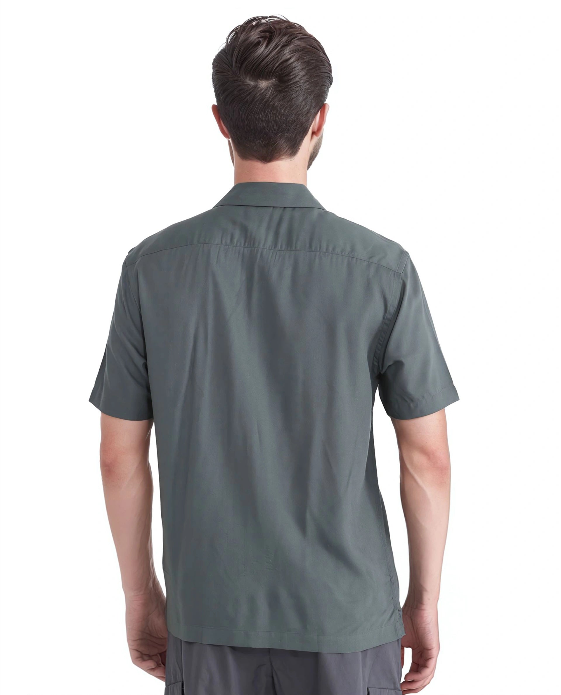 Rare Rabbit Men Dubm Dusky Green Modal Fabric Cuban Collar Short Sleeves Collared Neck with Flap Chest Pocket Plain Shirt