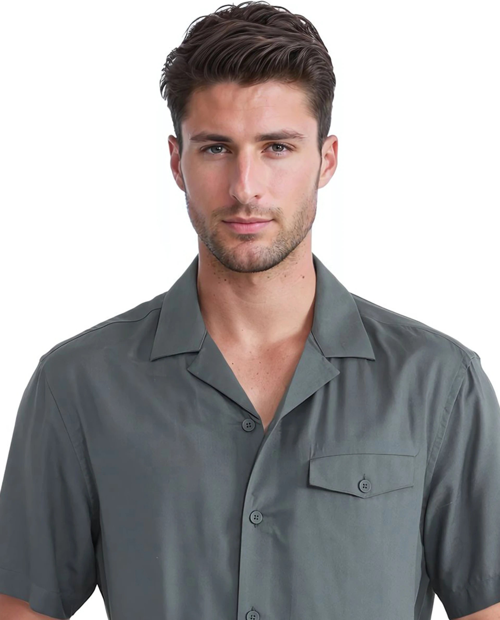 Rare Rabbit Men Dubm Dusky Green Modal Fabric Cuban Collar Short Sleeves Collared Neck with Flap Chest Pocket Plain Shirt