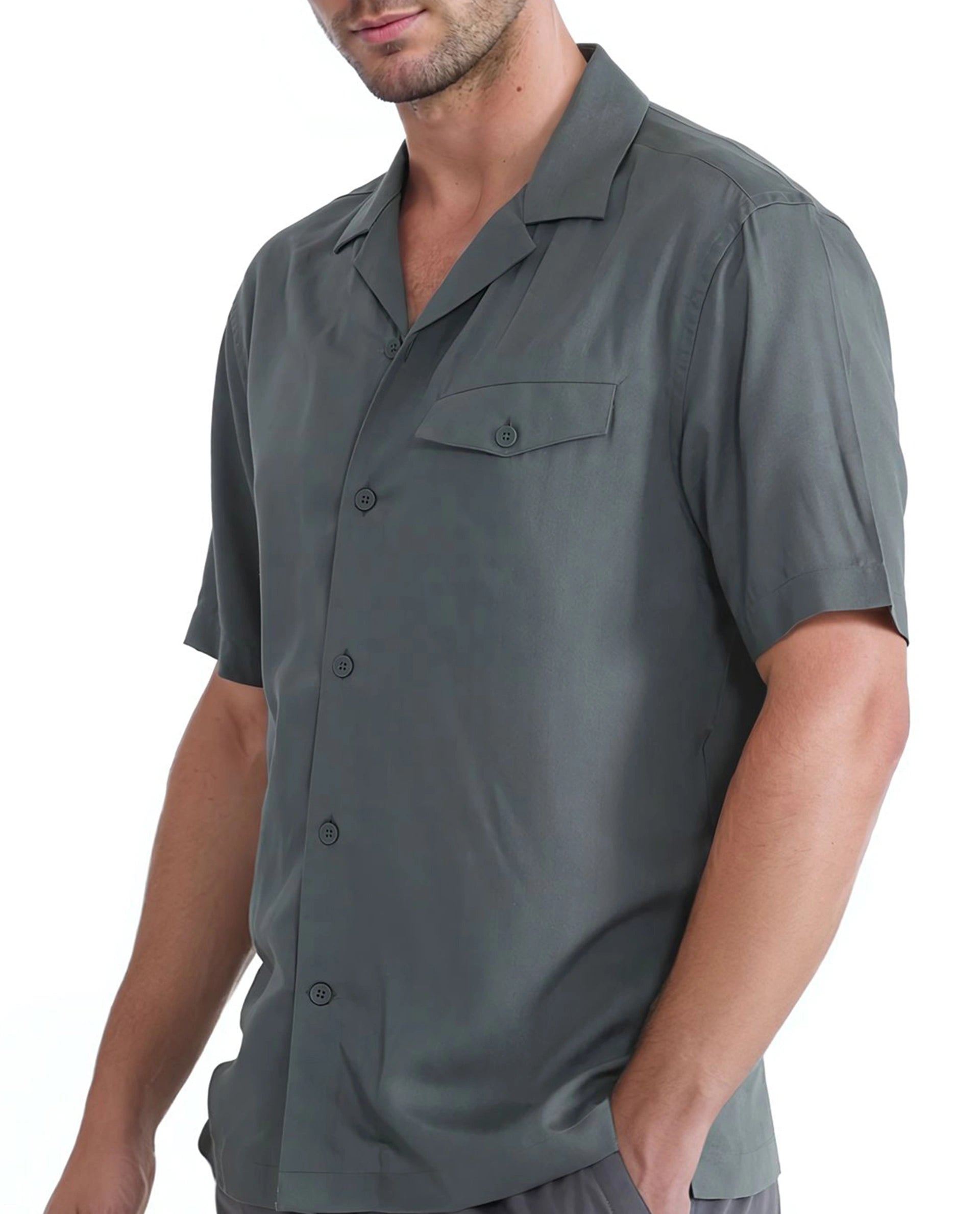 Rare Rabbit Men Dubm Dusky Green Modal Fabric Cuban Collar Short Sleeves Collared Neck with Flap Chest Pocket Plain Shirt