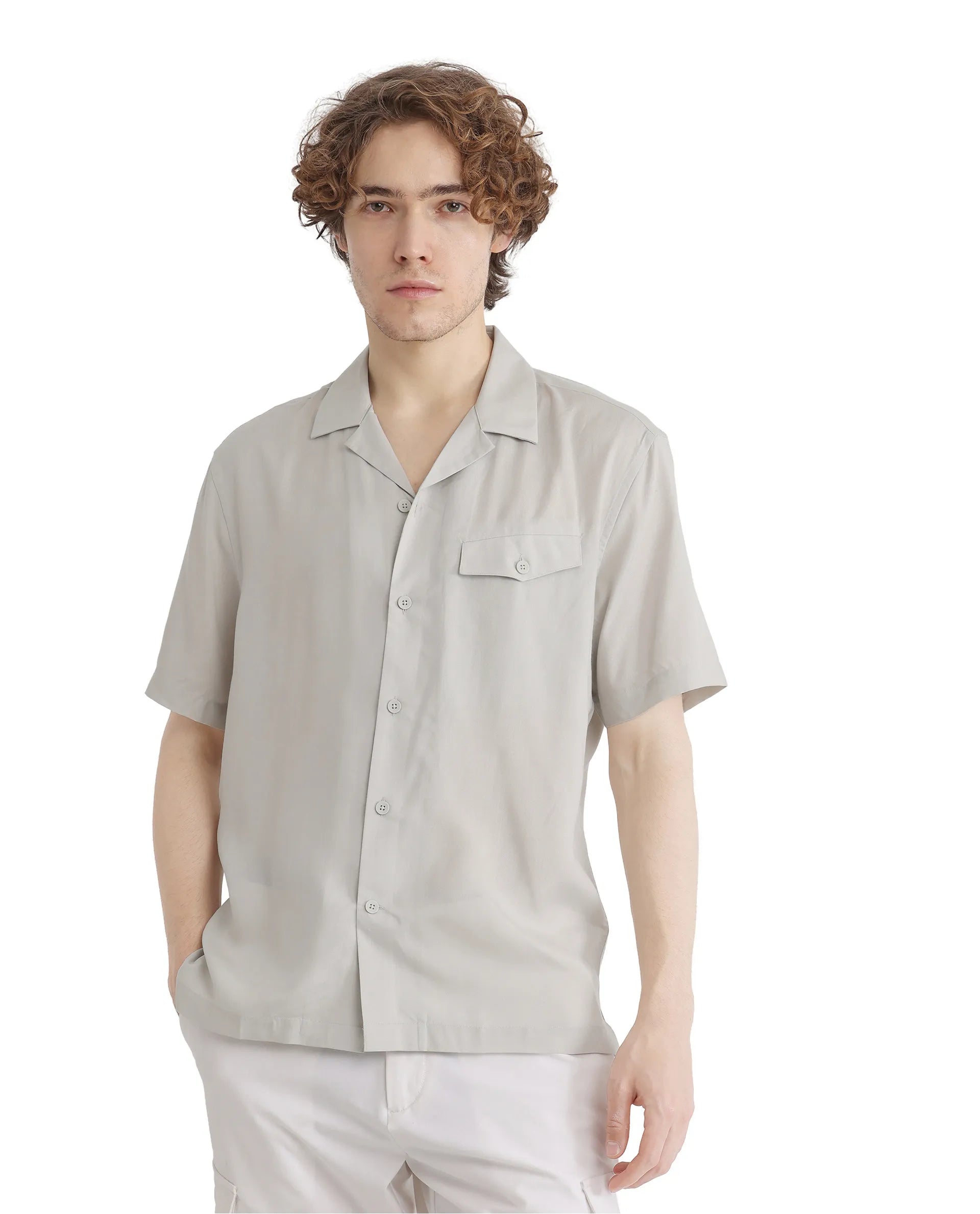 Rare Rabbit Men Dubm Light Grey Modal Fabric Cuban Collar Short Sleeves Collared Neck with Flap Chest Pocket Plain Shirt