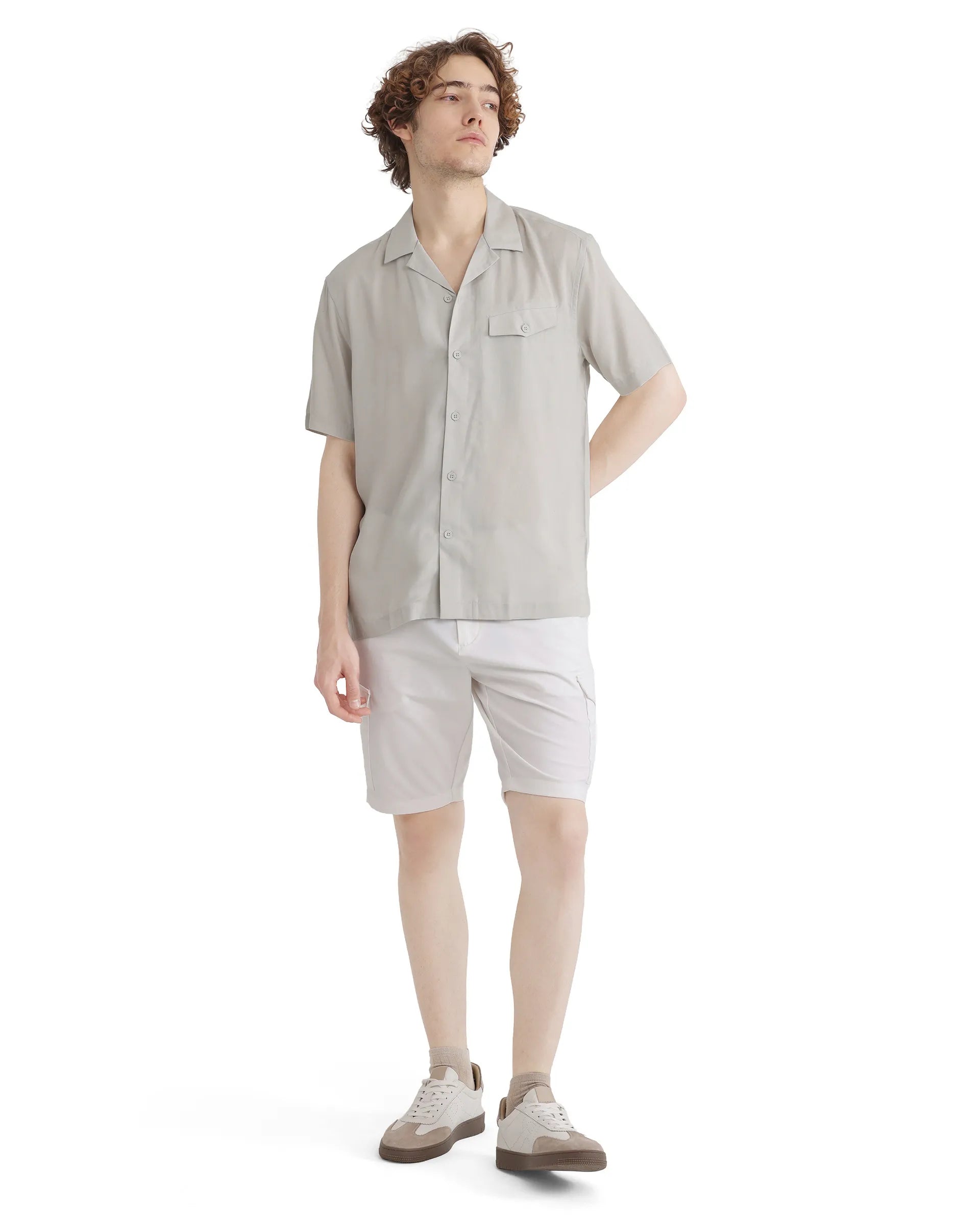 Rare Rabbit Men Dubm Light Grey Modal Fabric Cuban Collar Short Sleeves Collared Neck with Flap Chest Pocket Plain Shirt