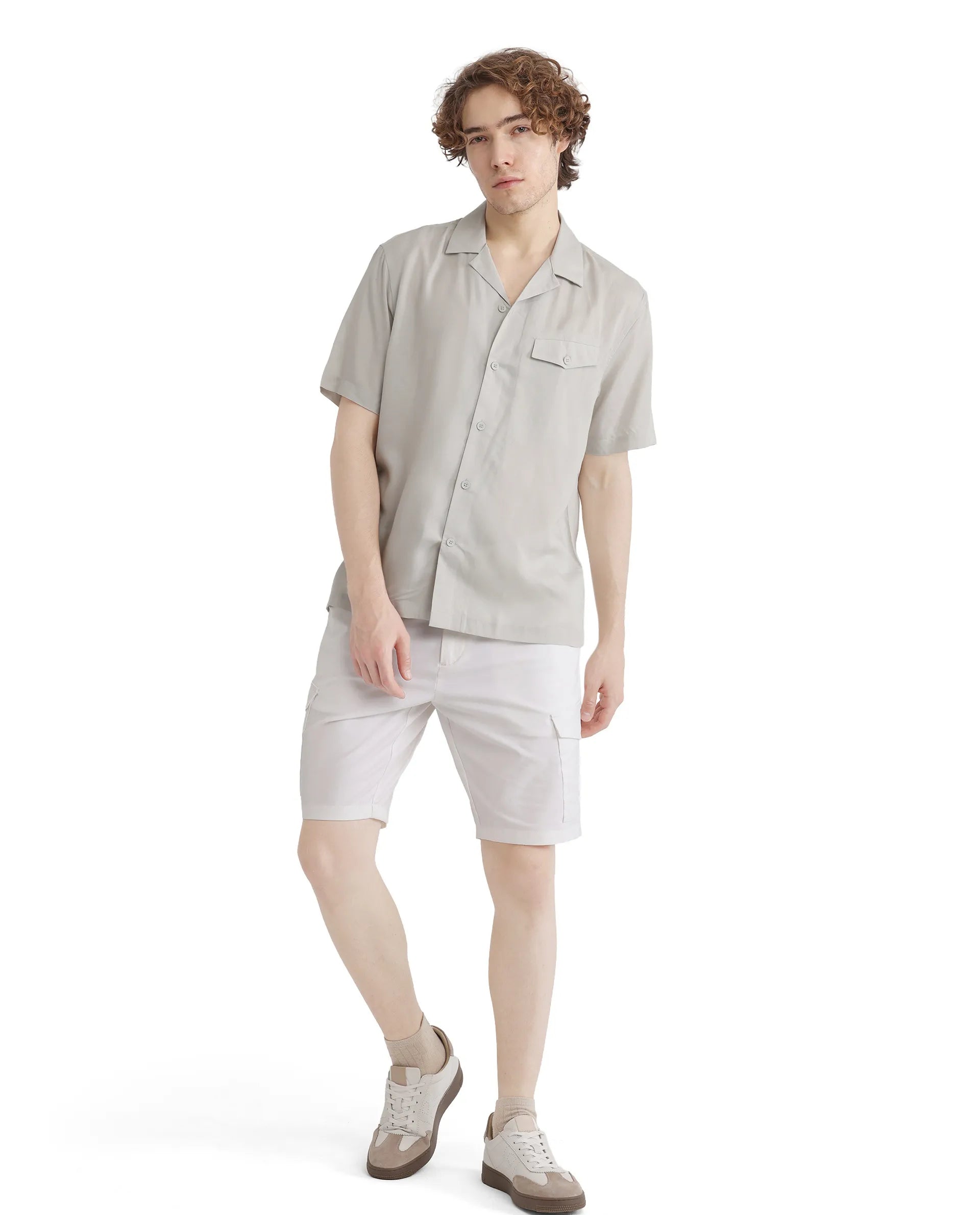 Rare Rabbit Men Dubm Light Grey Modal Fabric Cuban Collar Short Sleeves Collared Neck with Flap Chest Pocket Plain Shirt