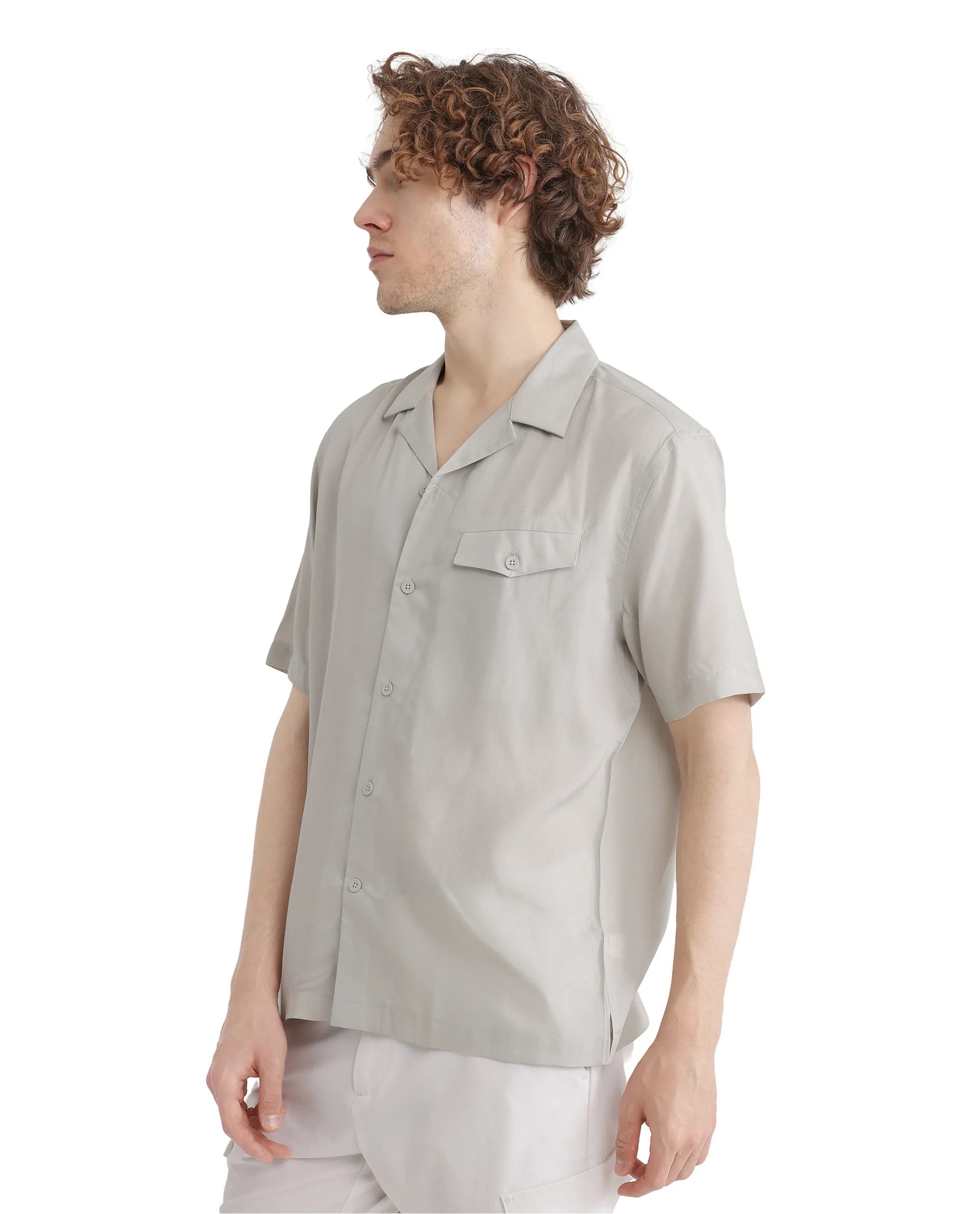 Rare Rabbit Men Dubm Light Grey Modal Fabric Cuban Collar Short Sleeves Collared Neck with Flap Chest Pocket Plain Shirt