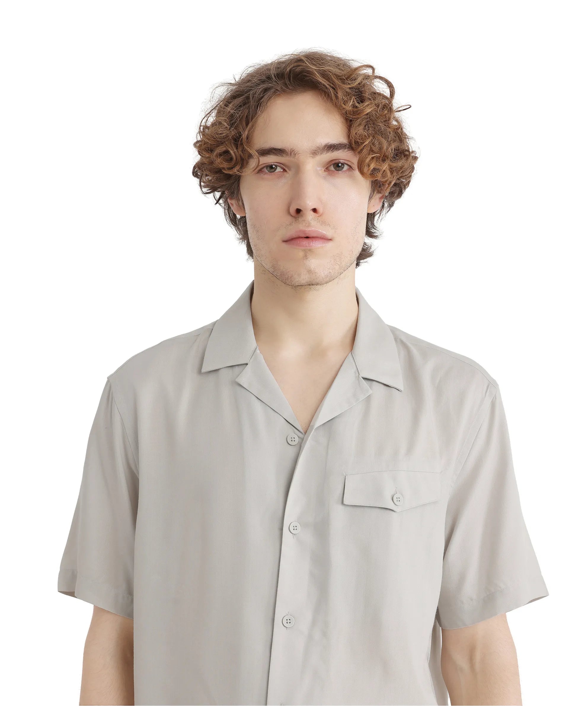 Rare Rabbit Men Dubm Light Grey Modal Fabric Cuban Collar Short Sleeves Collared Neck with Flap Chest Pocket Plain Shirt