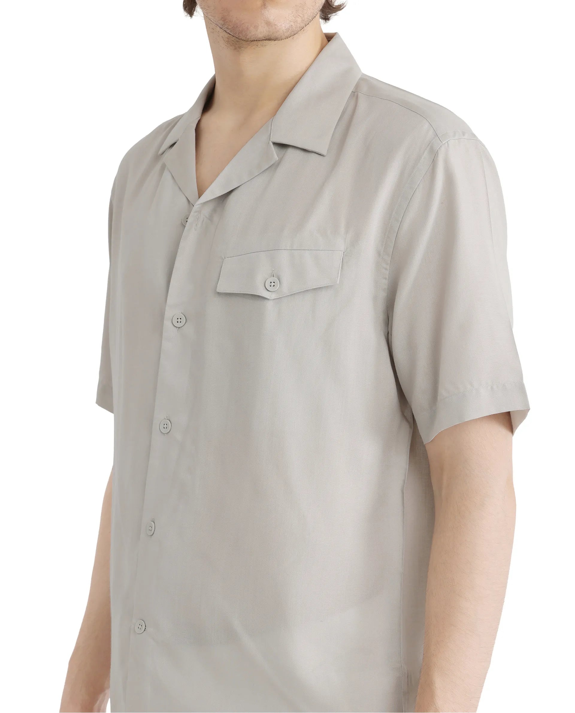 Rare Rabbit Men Dubm Light Grey Modal Fabric Cuban Collar Short Sleeves Collared Neck with Flap Chest Pocket Plain Shirt