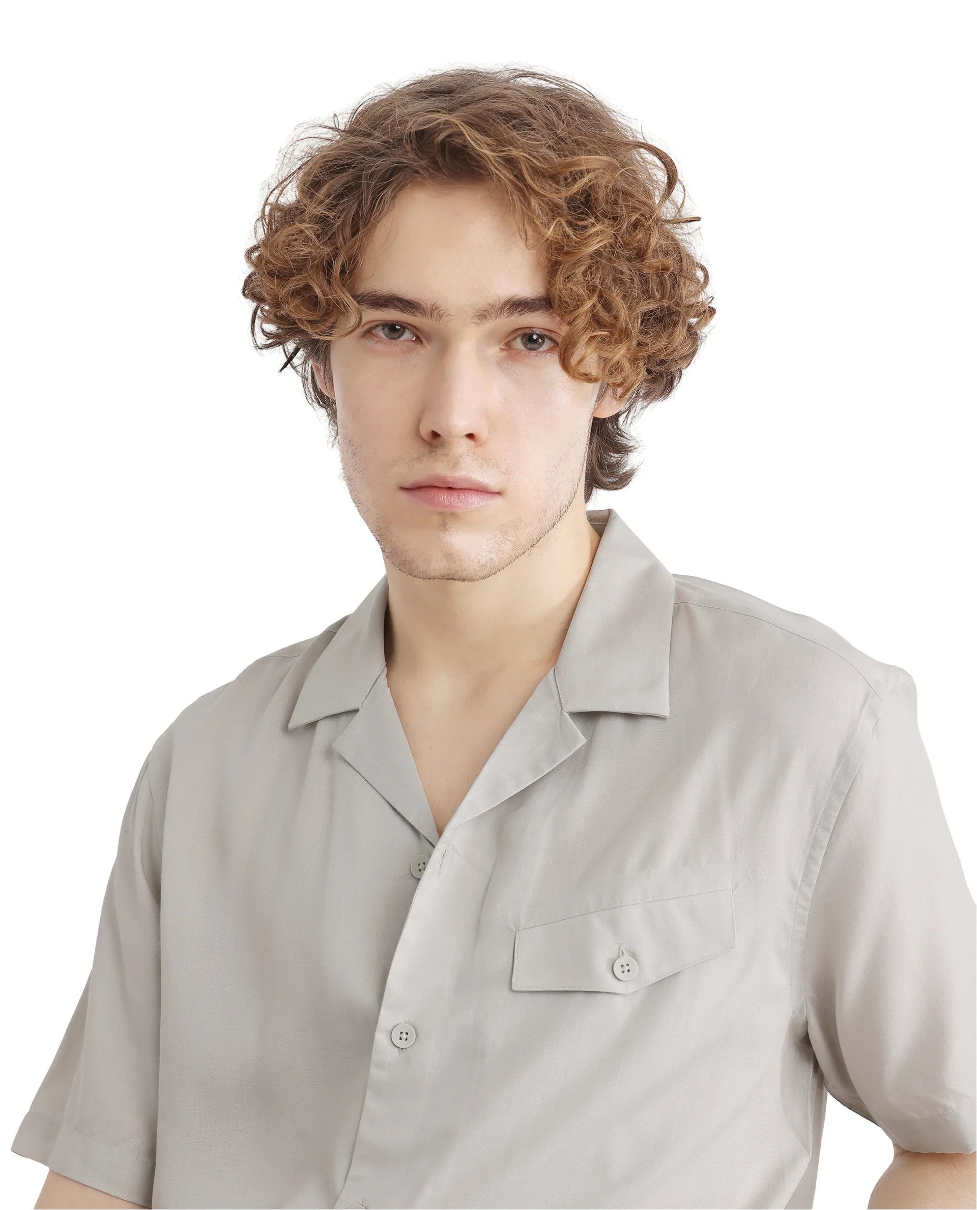 Rare Rabbit Men Dubm Light Grey Modal Fabric Cuban Collar Short Sleeves Collared Neck with Flap Chest Pocket Plain Shirt