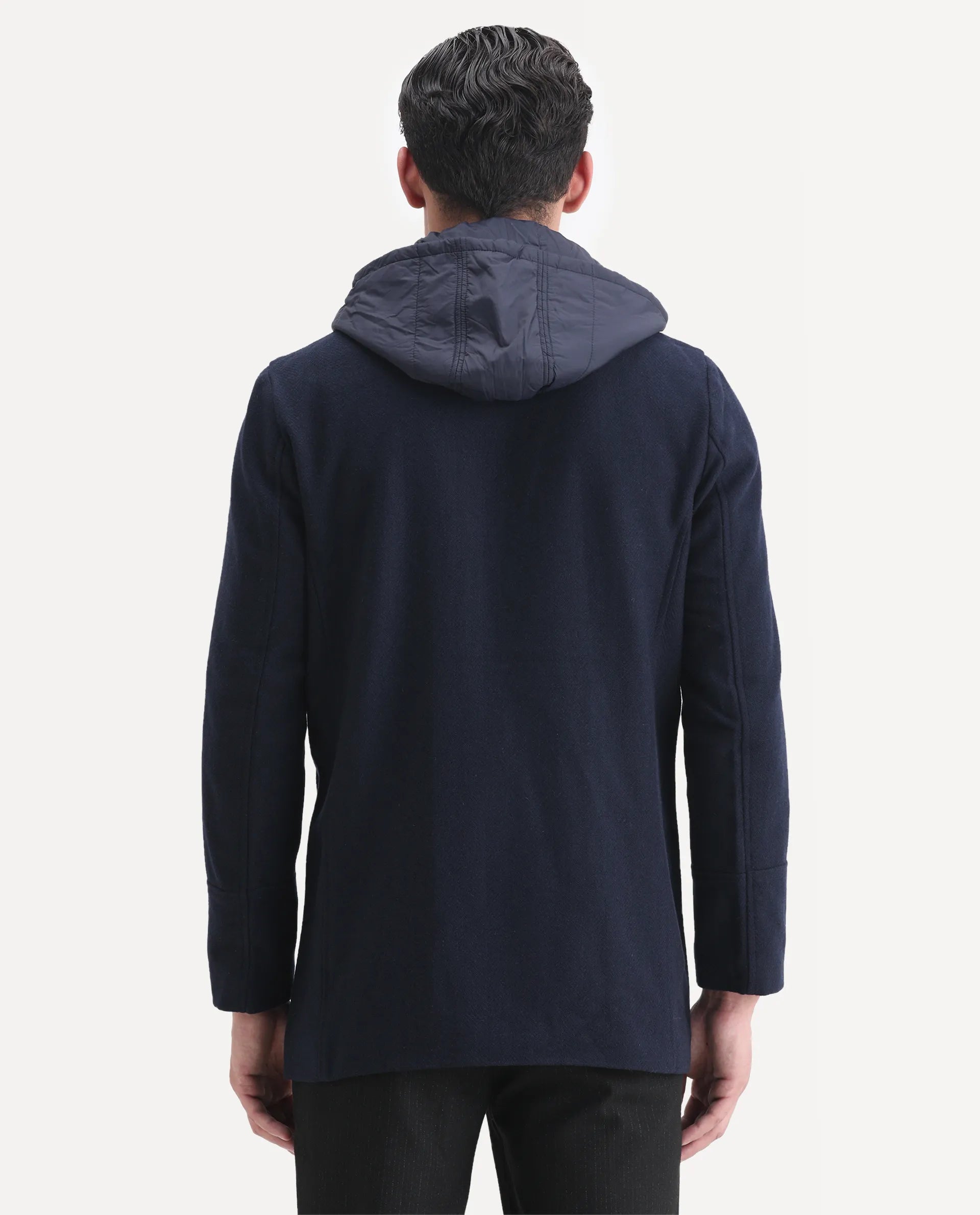 Rare Rabbit Men's Dubby Dark Navy Polyester Plain Tailored Fit Full Sleeve Hooded Jacket