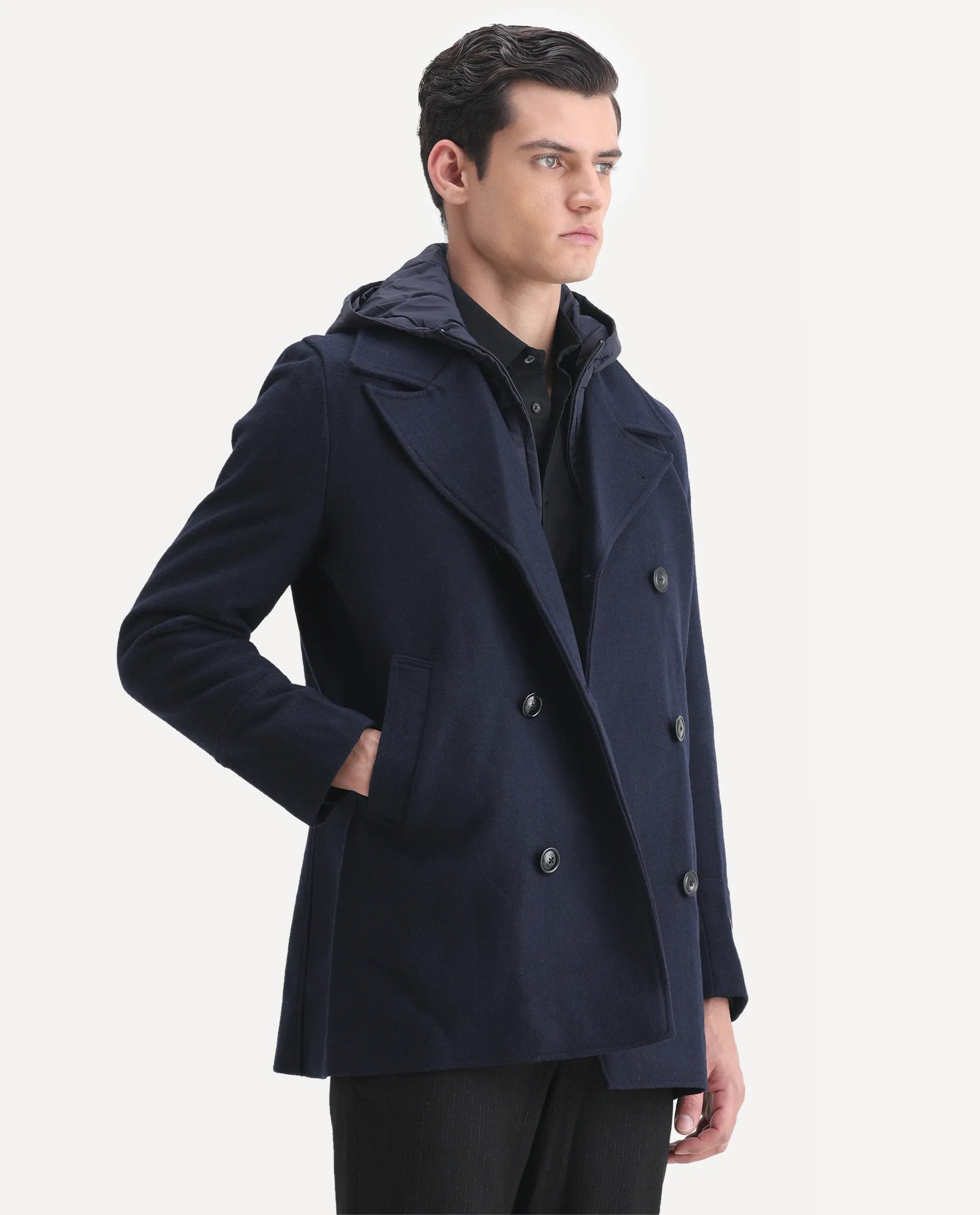 Rare Rabbit Men's Dubby Dark Navy Polyester Plain Tailored Fit Full Sleeve Hooded Jacket