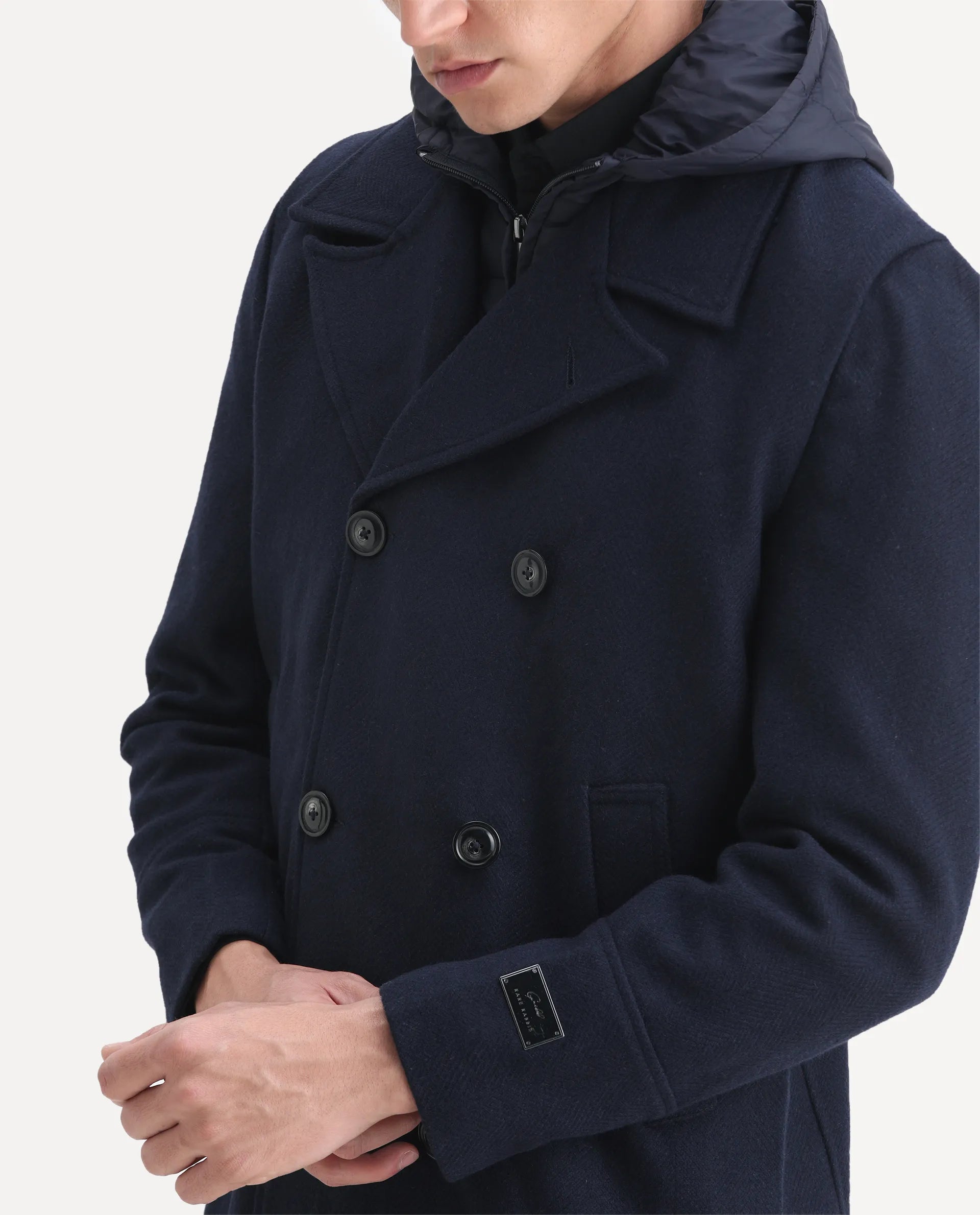 Rare Rabbit Men's Dubby Dark Navy Polyester Plain Tailored Fit Full Sleeve Hooded Jacket
