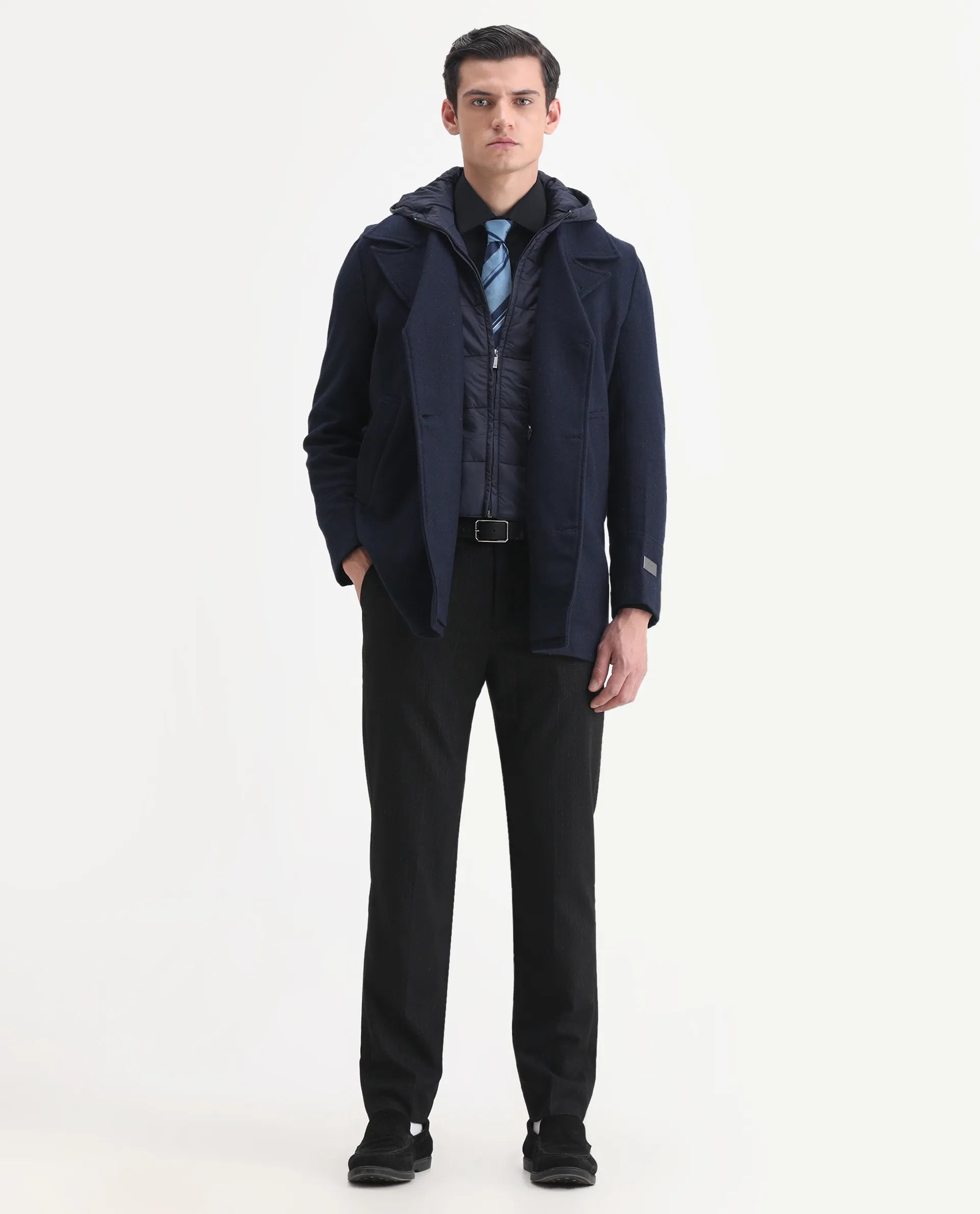 Rare Rabbit Men's Dubby Dark Navy Polyester Plain Tailored Fit Full Sleeve Hooded Jacket