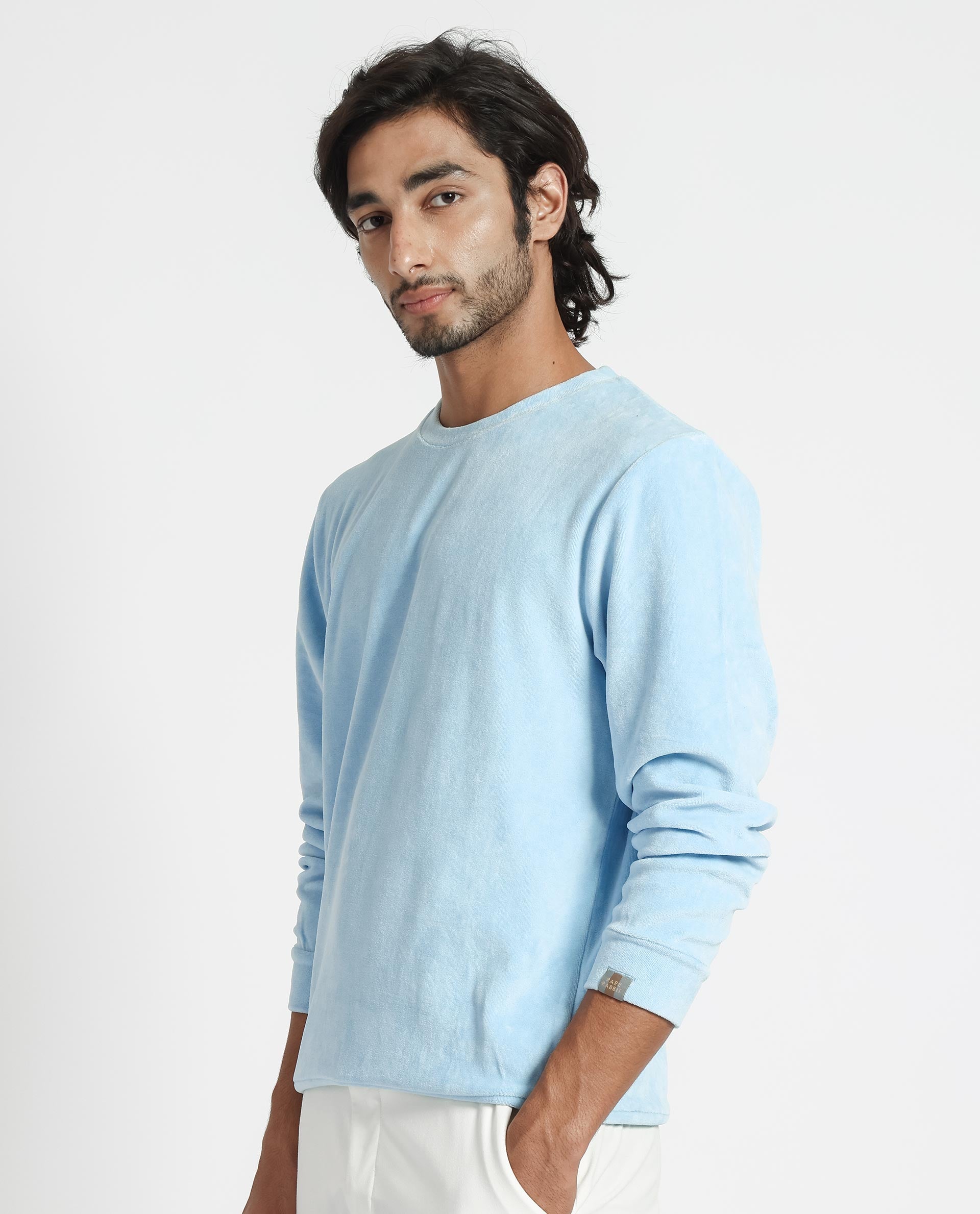 Rare Rabbit Mens Dube Blue Cotton Polyester Vellore Velvet Fabric Round Neck Full Sleeves Comfortable Fit Knitted Sweatshirt