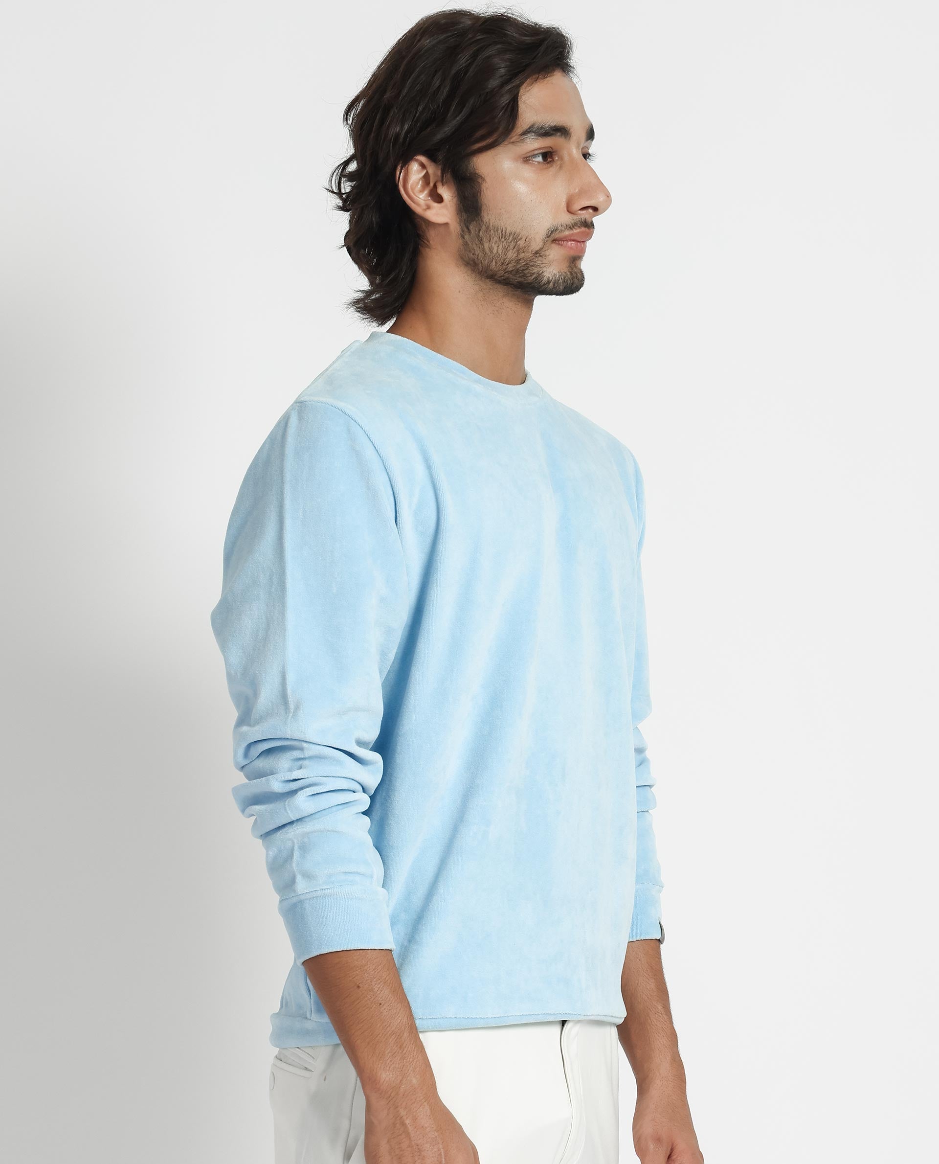 Rare Rabbit Mens Dube Blue Cotton Polyester Vellore Velvet Fabric Round Neck Full Sleeves Comfortable Fit Knitted Sweatshirt