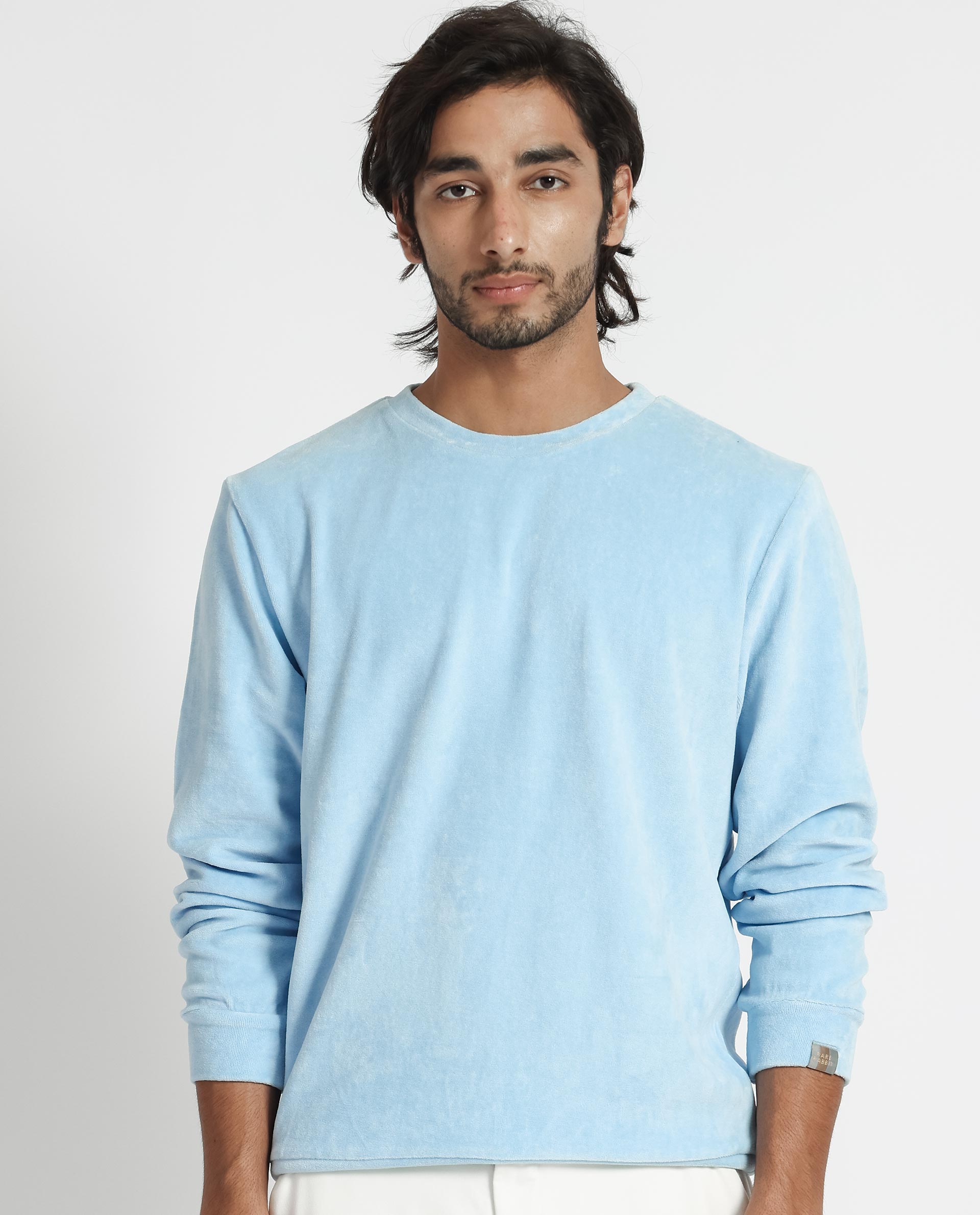Rare Rabbit Mens Dube Blue Cotton Polyester Vellore Velvet Fabric Round Neck Full Sleeves Comfortable Fit Knitted Sweatshirt