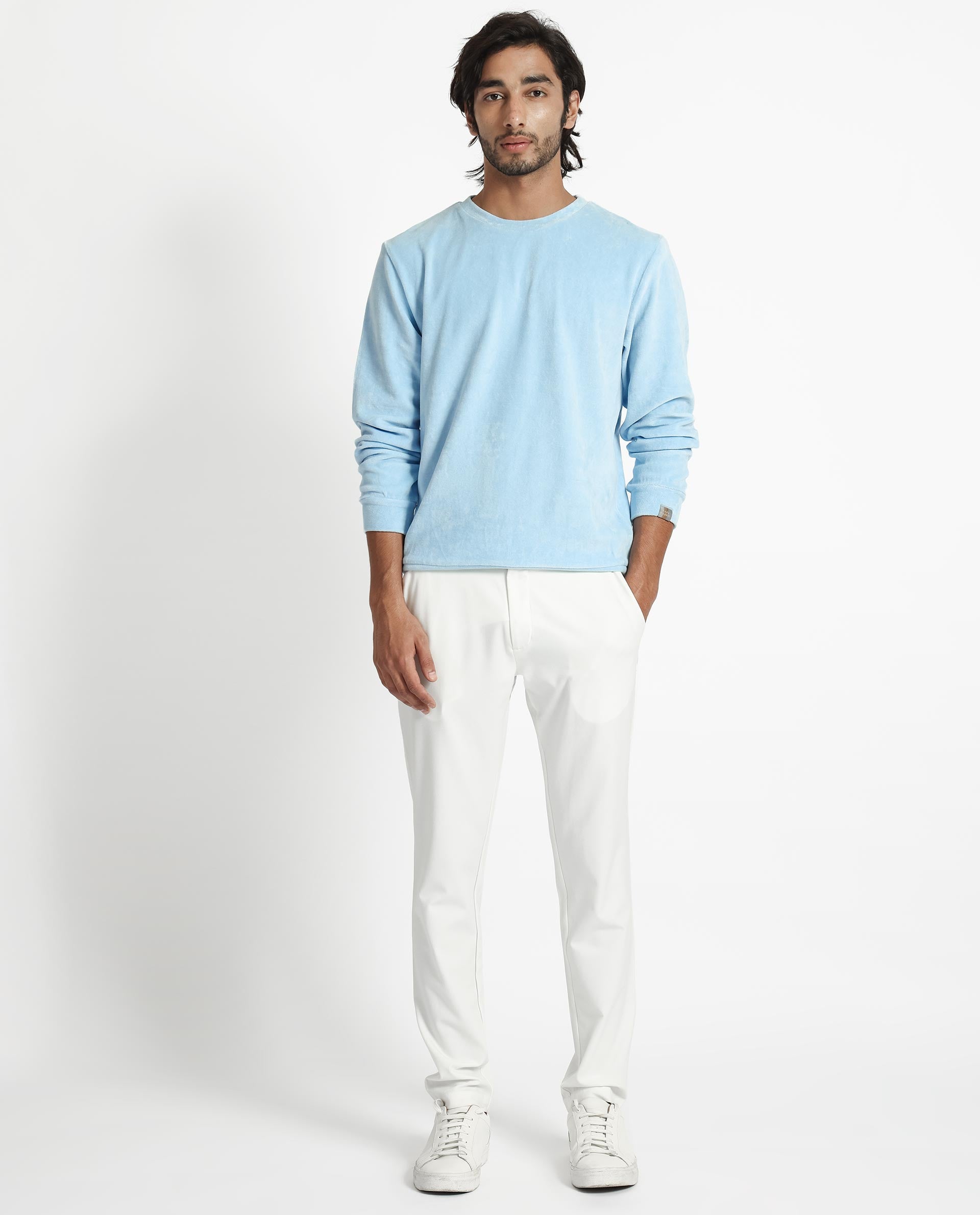 Rare Rabbit Mens Dube Blue Cotton Polyester Vellore Velvet Fabric Round Neck Full Sleeves Comfortable Fit Knitted Sweatshirt