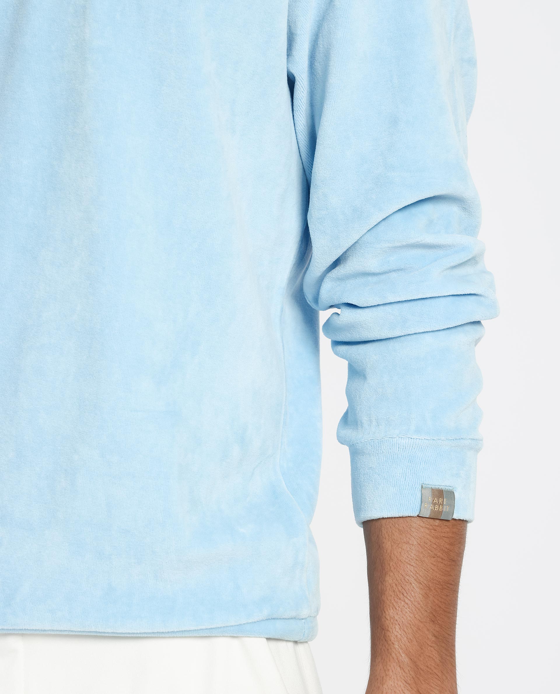 Rare Rabbit Mens Dube Blue Cotton Polyester Vellore Velvet Fabric Round Neck Full Sleeves Comfortable Fit Knitted Sweatshirt