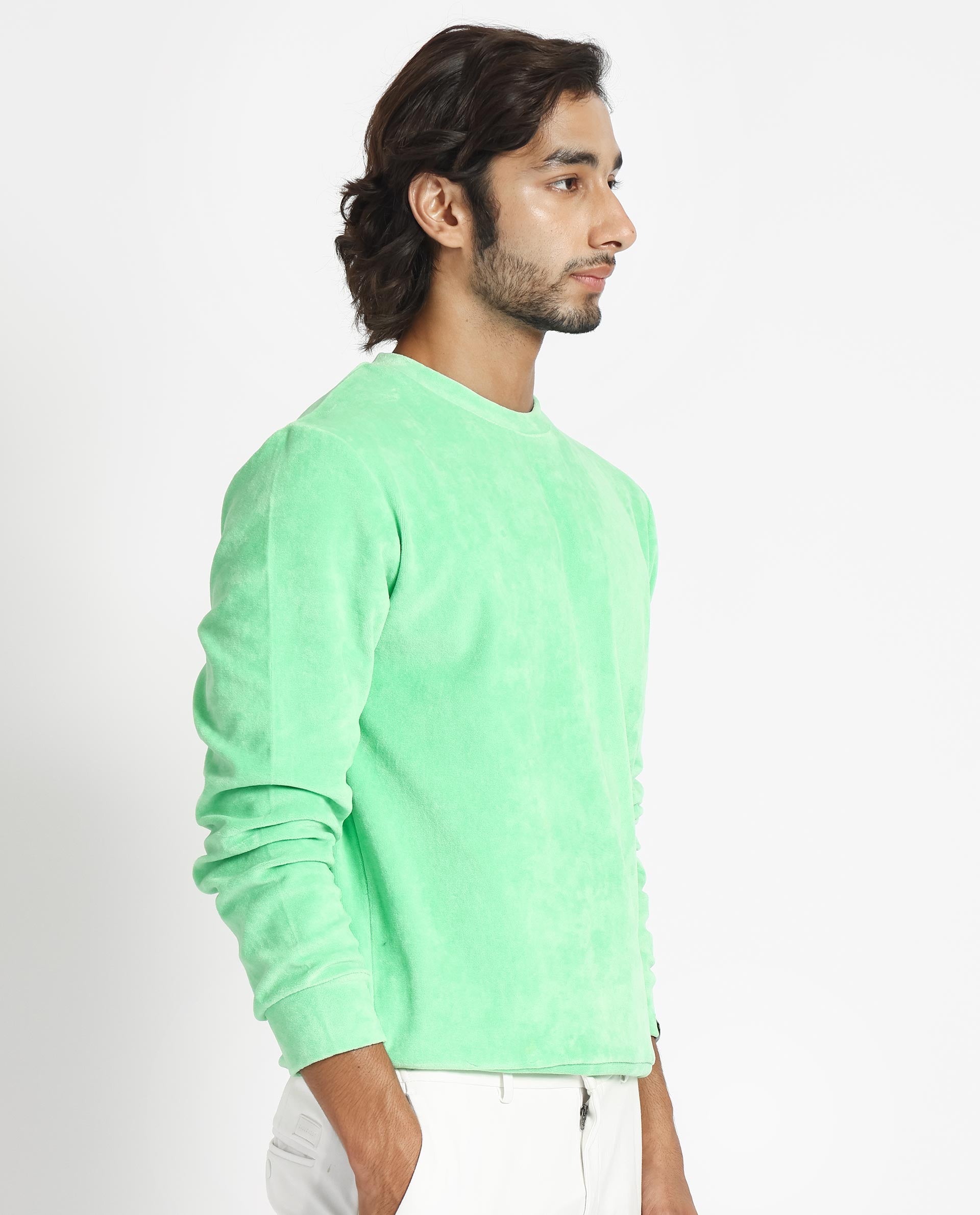 Rare Rabbit Mens Dube Green Cotton Polyester Vellore Velvet Fabric Round Neck Full Sleeves Comfortable Fit Knitted Sweatshirt