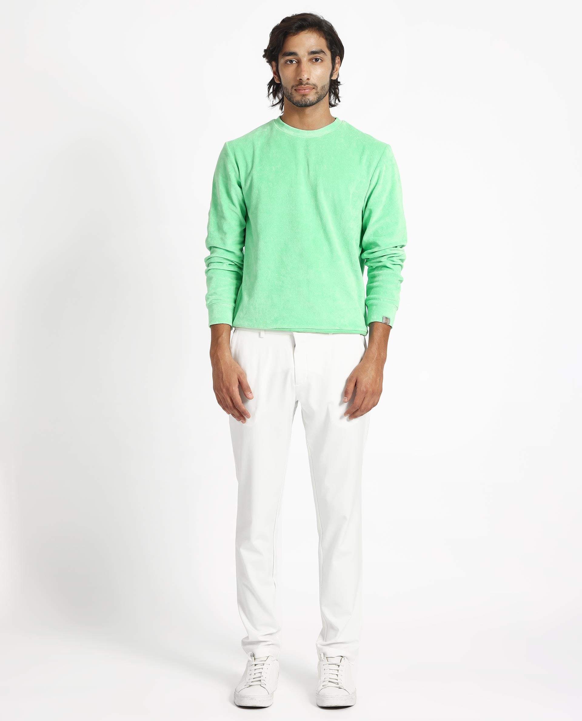 Rare Rabbit Mens Dube Green Cotton Polyester Vellore Velvet Fabric Round Neck Full Sleeves Comfortable Fit Knitted Sweatshirt