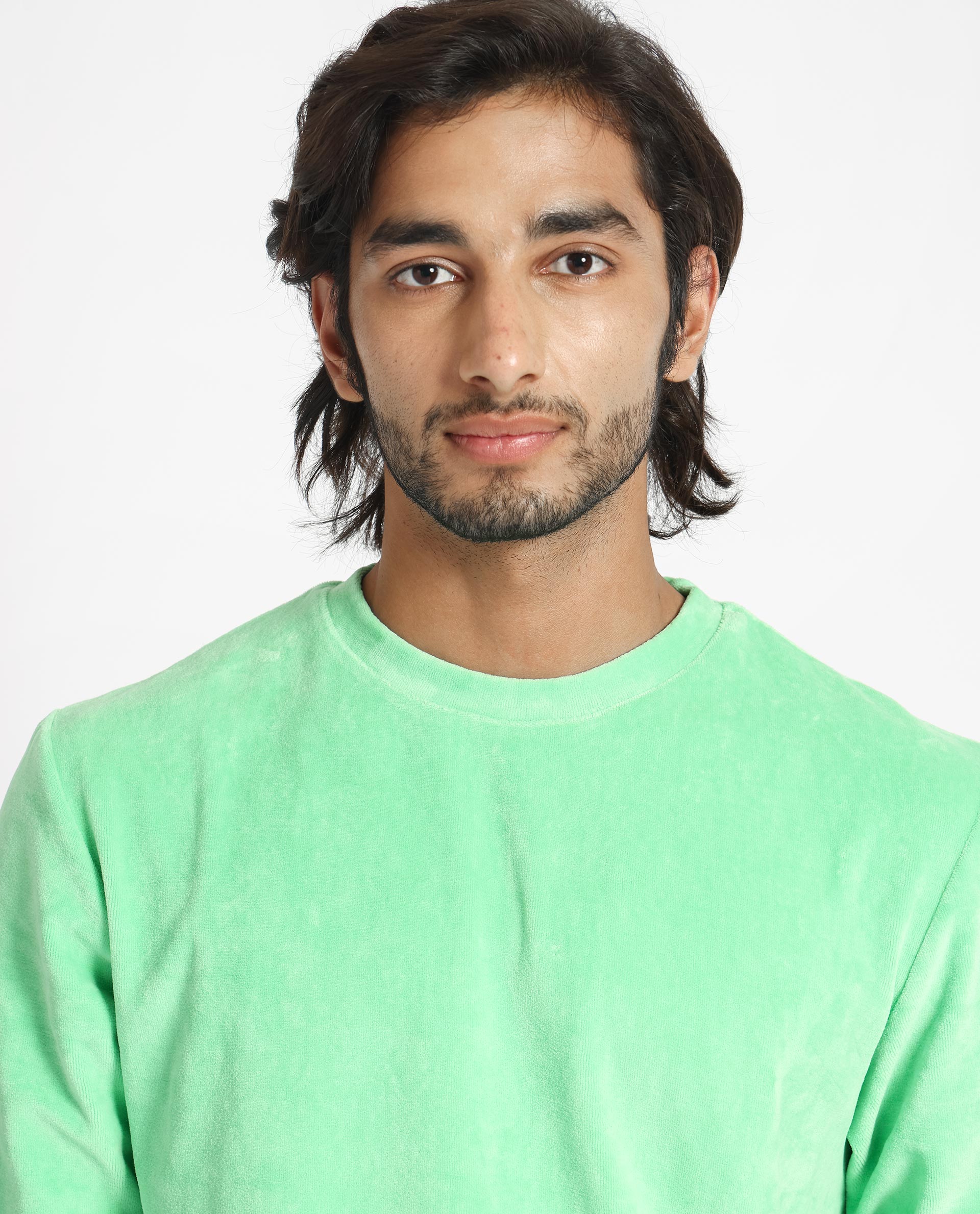 Rare Rabbit Mens Dube Green Cotton Polyester Vellore Velvet Fabric Round Neck Full Sleeves Comfortable Fit Knitted Sweatshirt