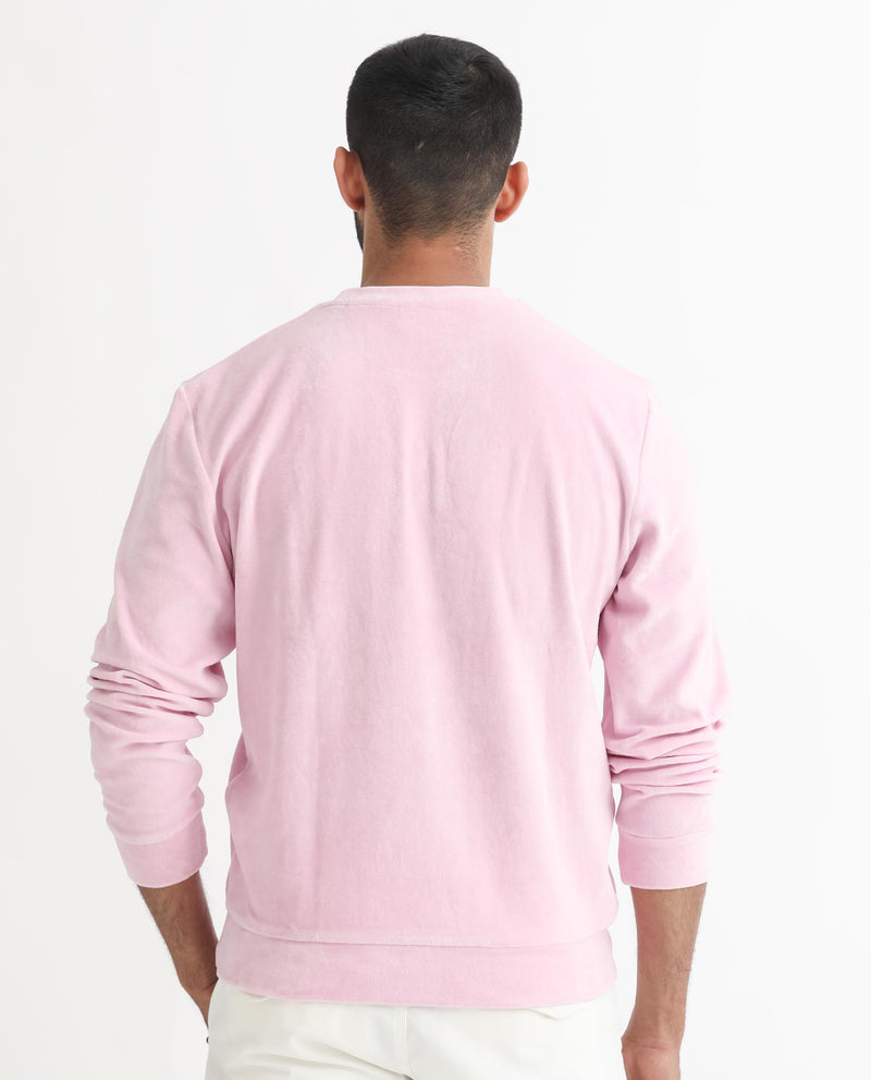 RARE RABBIT MENS DUBE PINK SWEATSHIRT COTTON POLYESTER VELLORE VELVET FABRIC ROUND NECK KNITTED FULL SLEEVES COMFORTABLE FIT