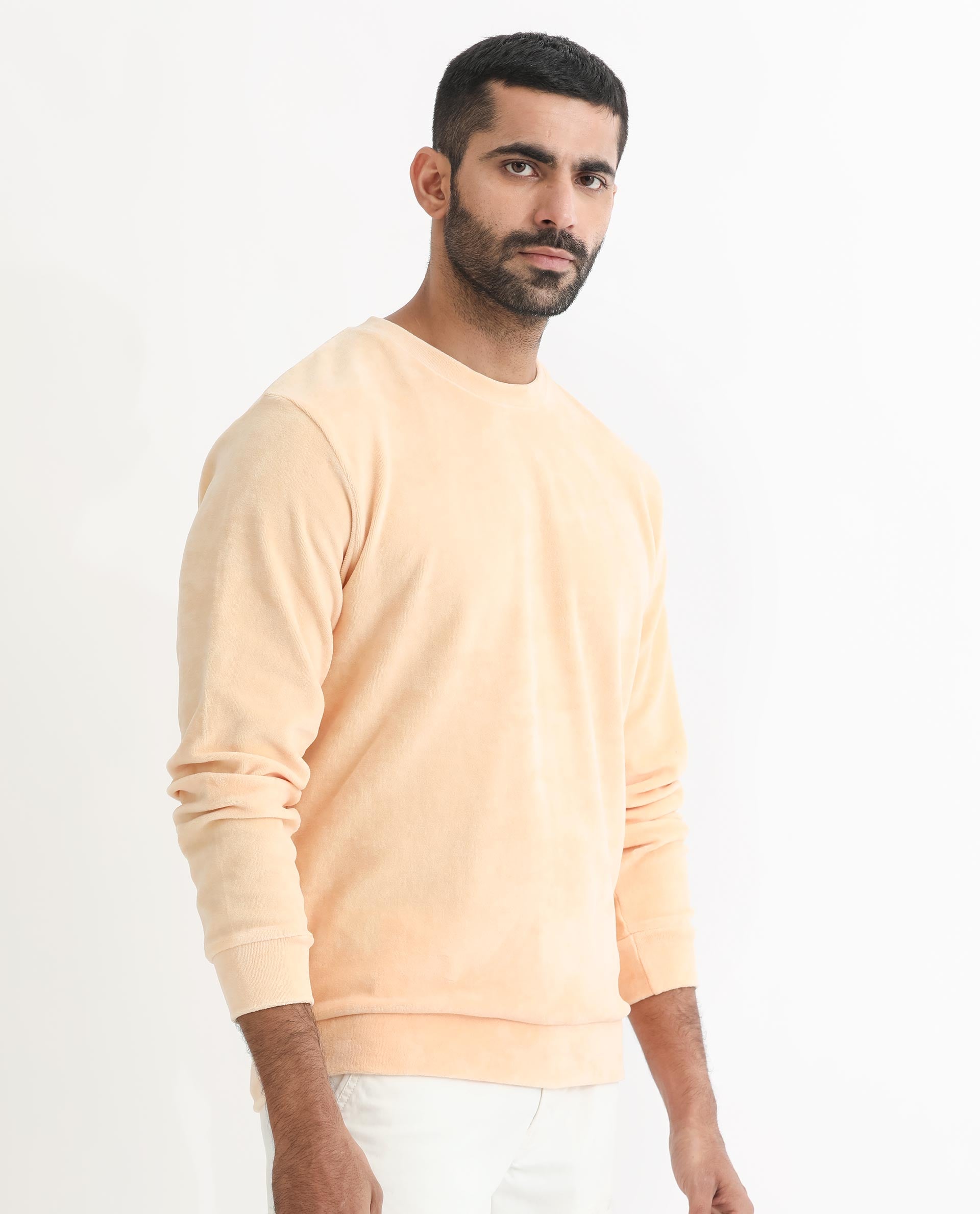 Rare Rabbit Mens Dube Yellow Cotton Polyester Vellore Velvet Fabric Round Neck Full Sleeves Comfortable Fit Knitted Sweatshirt