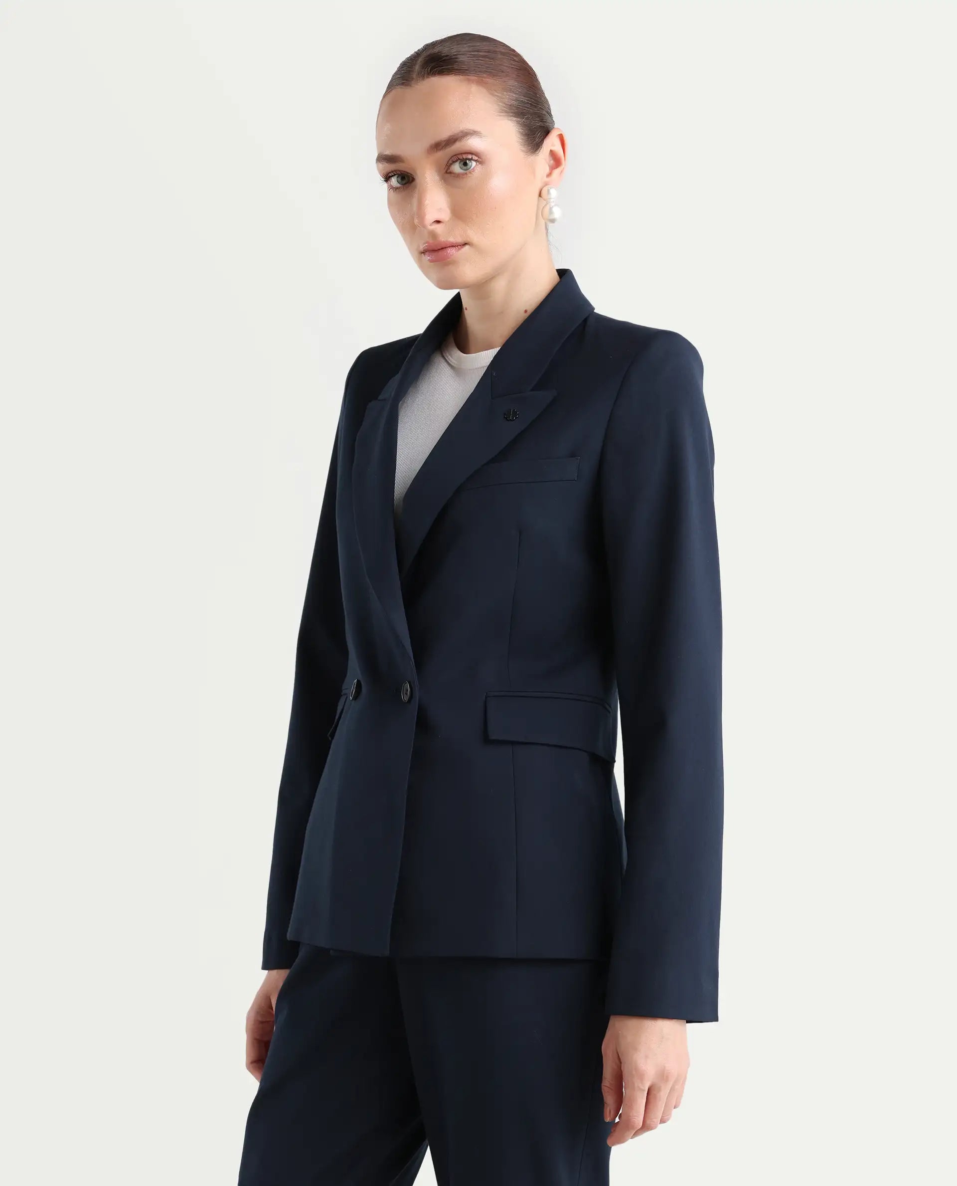 Rareism Women's Dublo Navy Polyester Blend Full Sleeve Lapel Collar Plain Blazer
