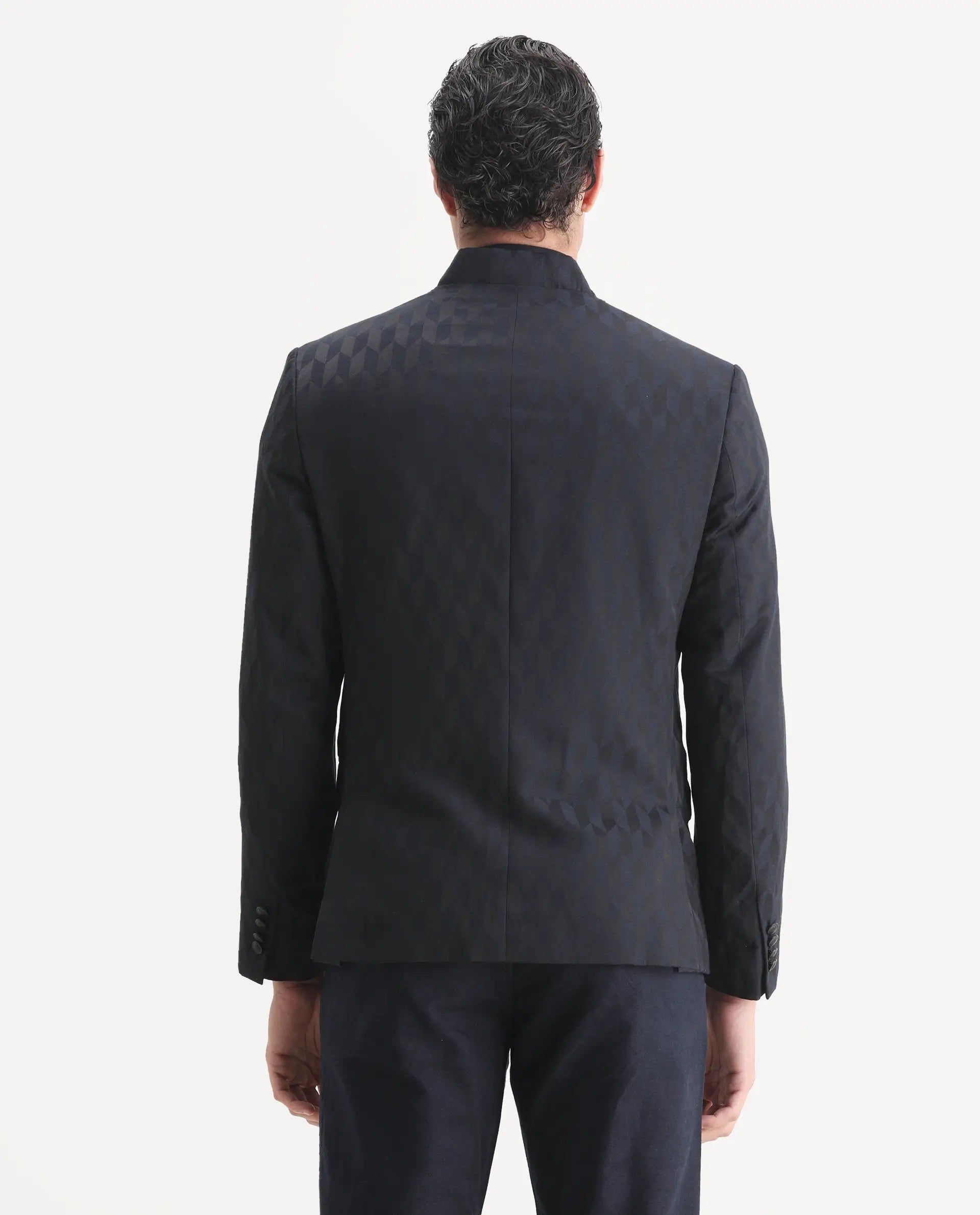 Rare Rabbit Men's Duffy Dark Navy Polyester Jacquard Tailored Fit Full Sleeve Mandarin Collar Bandhgala