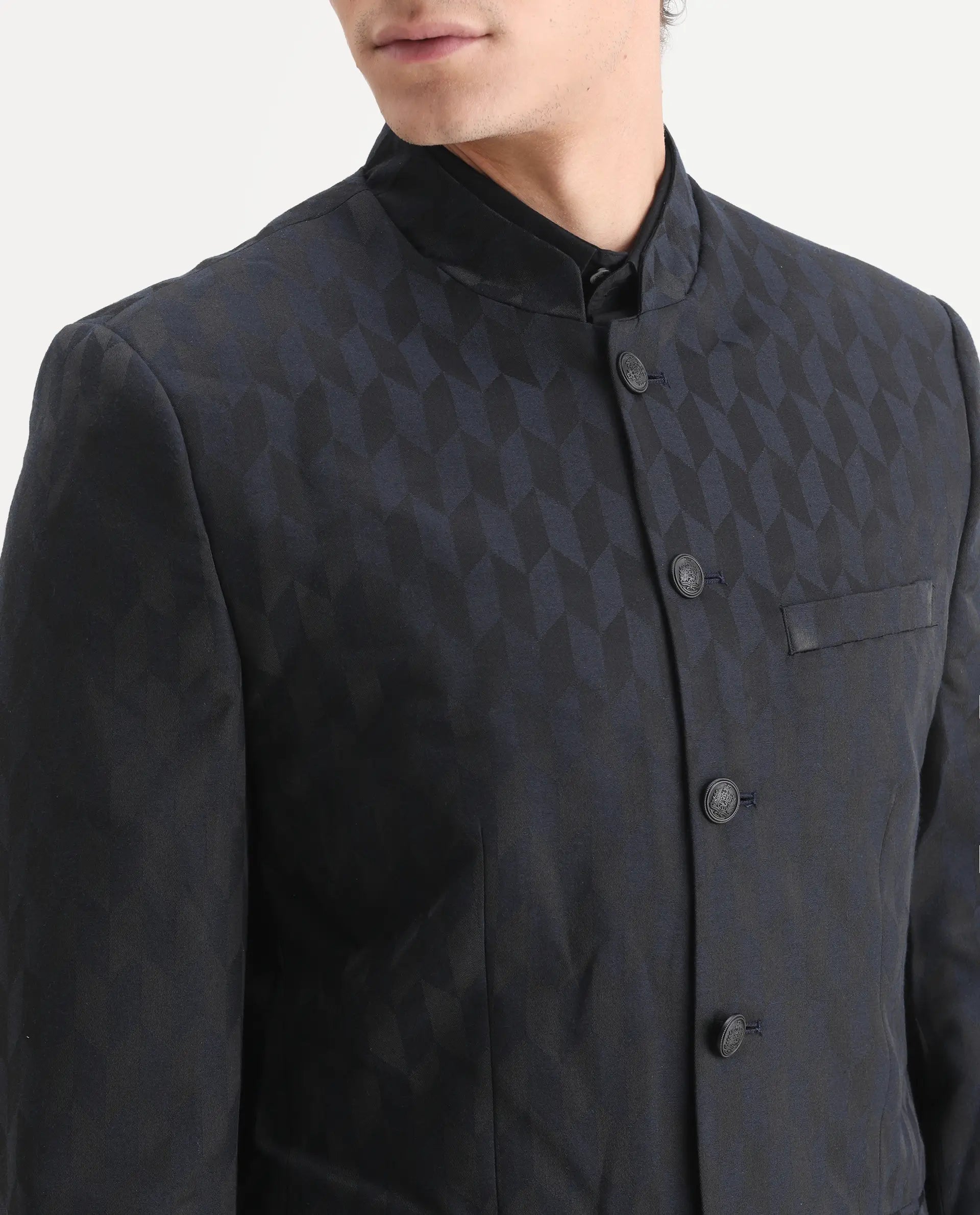 Rare Rabbit Men's Duffy Dark Navy Polyester Jacquard Tailored Fit Full Sleeve Mandarin Collar Bandhgala