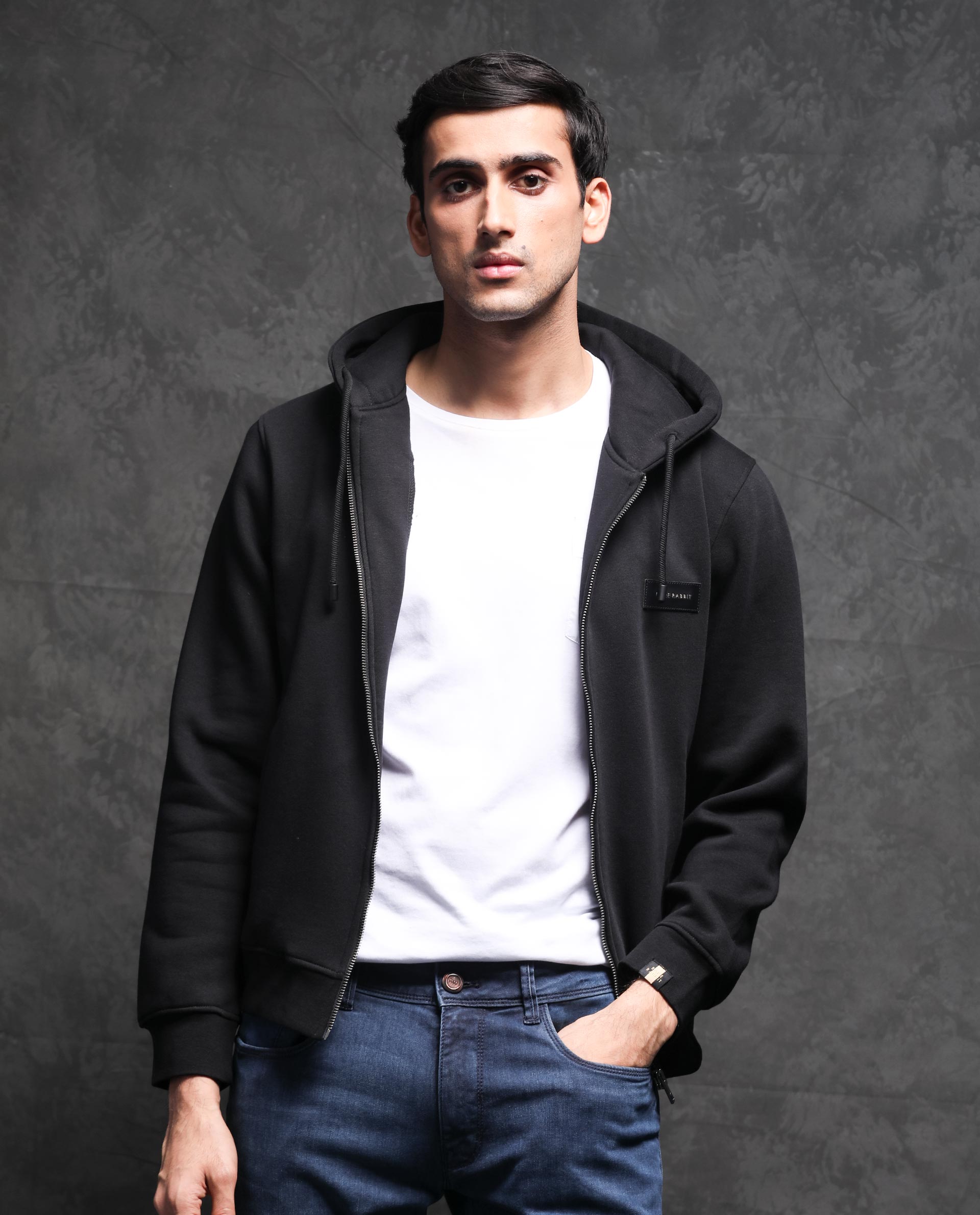 RARE RABBIT MEN'S DUKE BLACK SWEATSHIRT COTTON POLYESTER FABRIC HOODED NECK FULL SLEEVES ZIPPER CLOSURE SLIM FIT