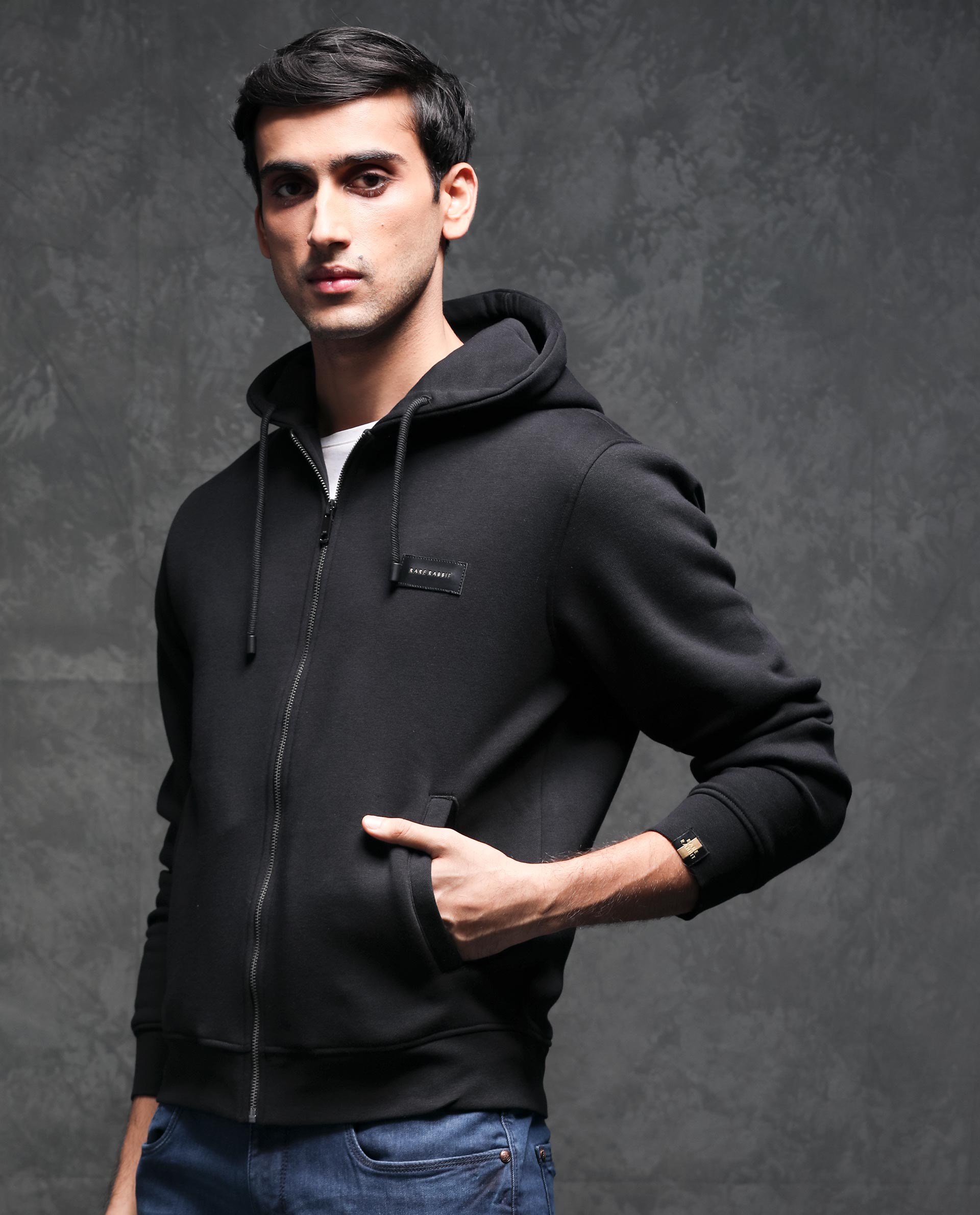 RARE RABBIT MEN'S DUKE BLACK SWEATSHIRT COTTON POLYESTER FABRIC HOODED NECK FULL SLEEVES ZIPPER CLOSURE SLIM FIT