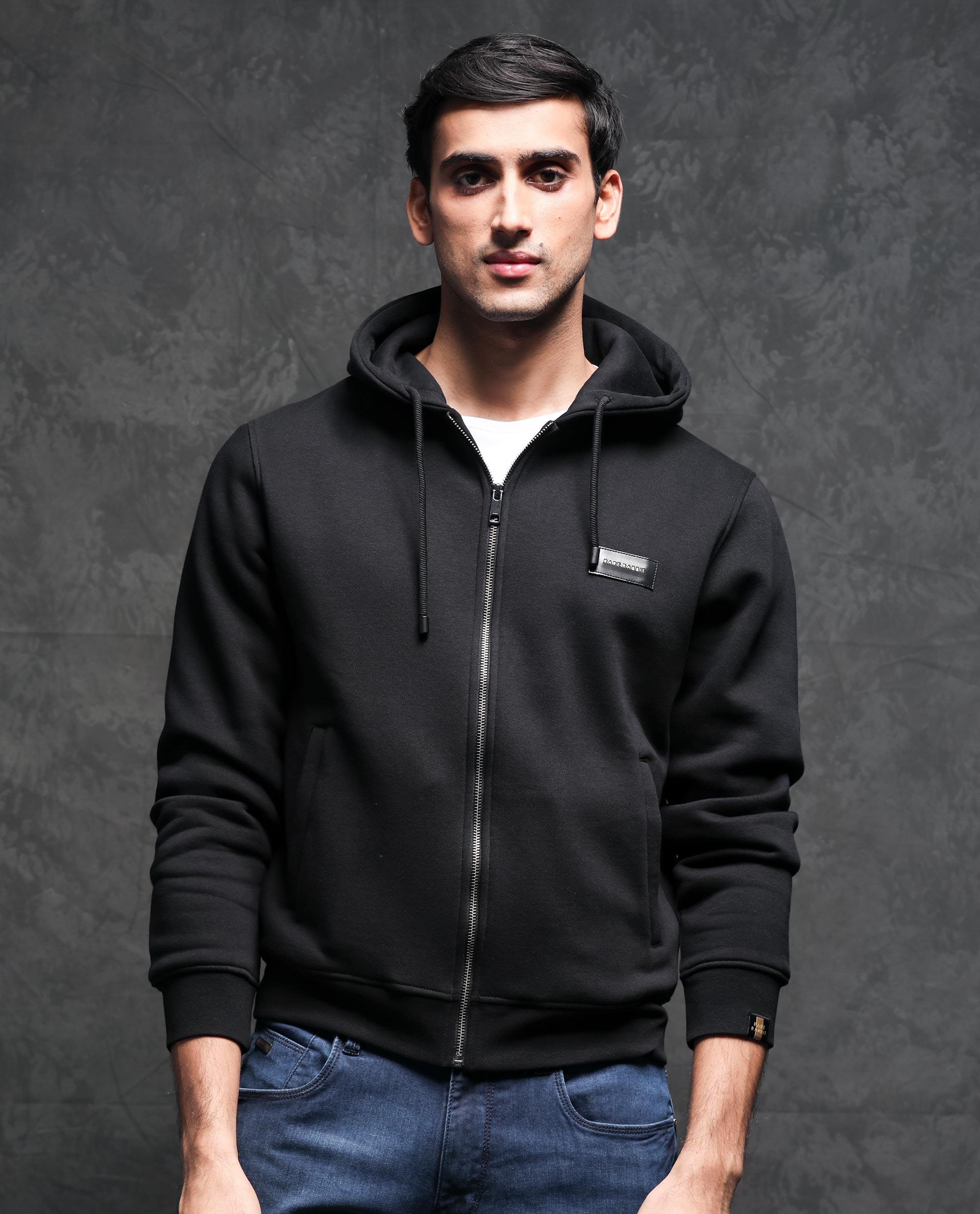 RARE RABBIT MEN'S DUKE BLACK SWEATSHIRT COTTON POLYESTER FABRIC HOODED NECK FULL SLEEVES ZIPPER CLOSURE SLIM FIT