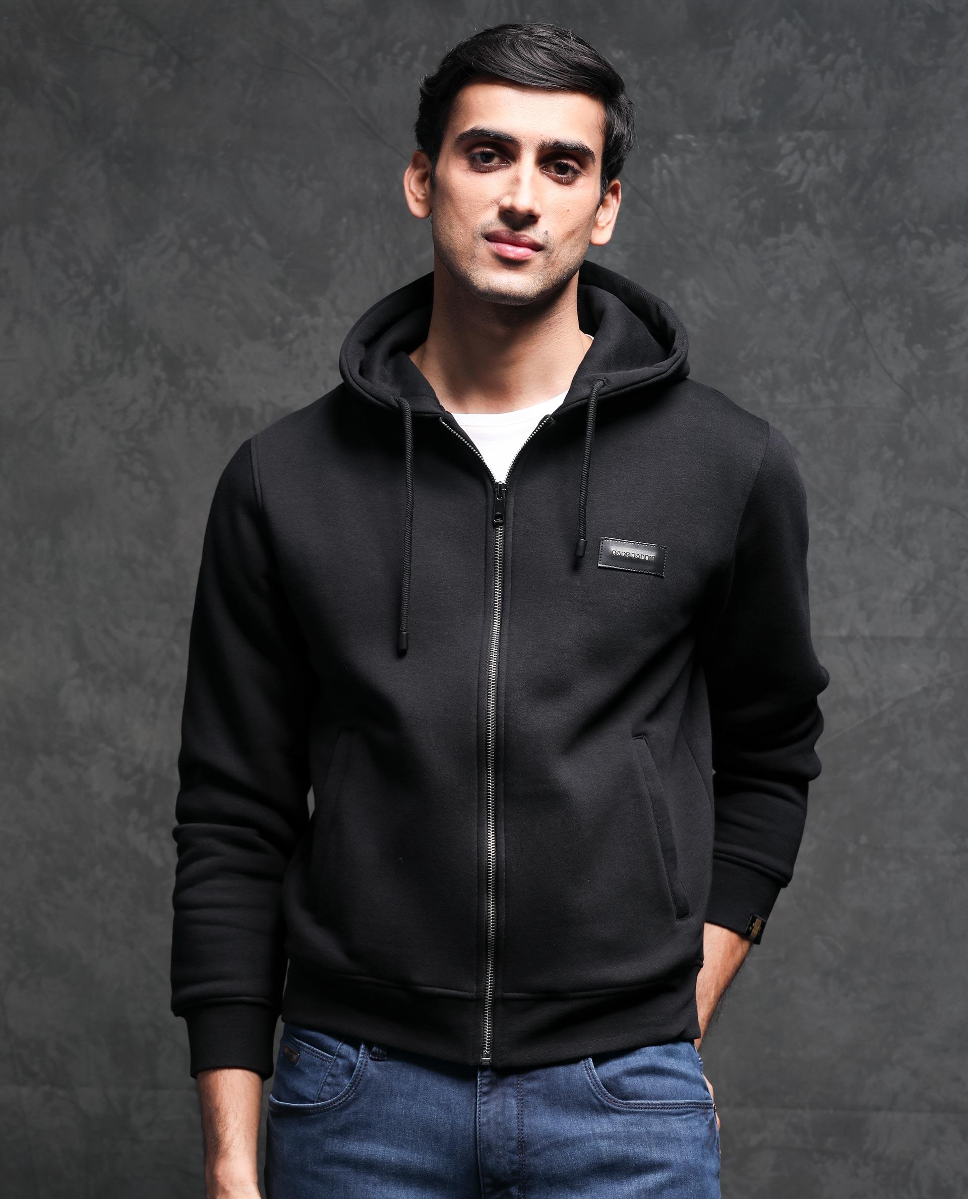RARE RABBIT MEN'S DUKE BLACK SWEATSHIRT COTTON POLYESTER FABRIC HOODED NECK FULL SLEEVES ZIPPER CLOSURE SLIM FIT