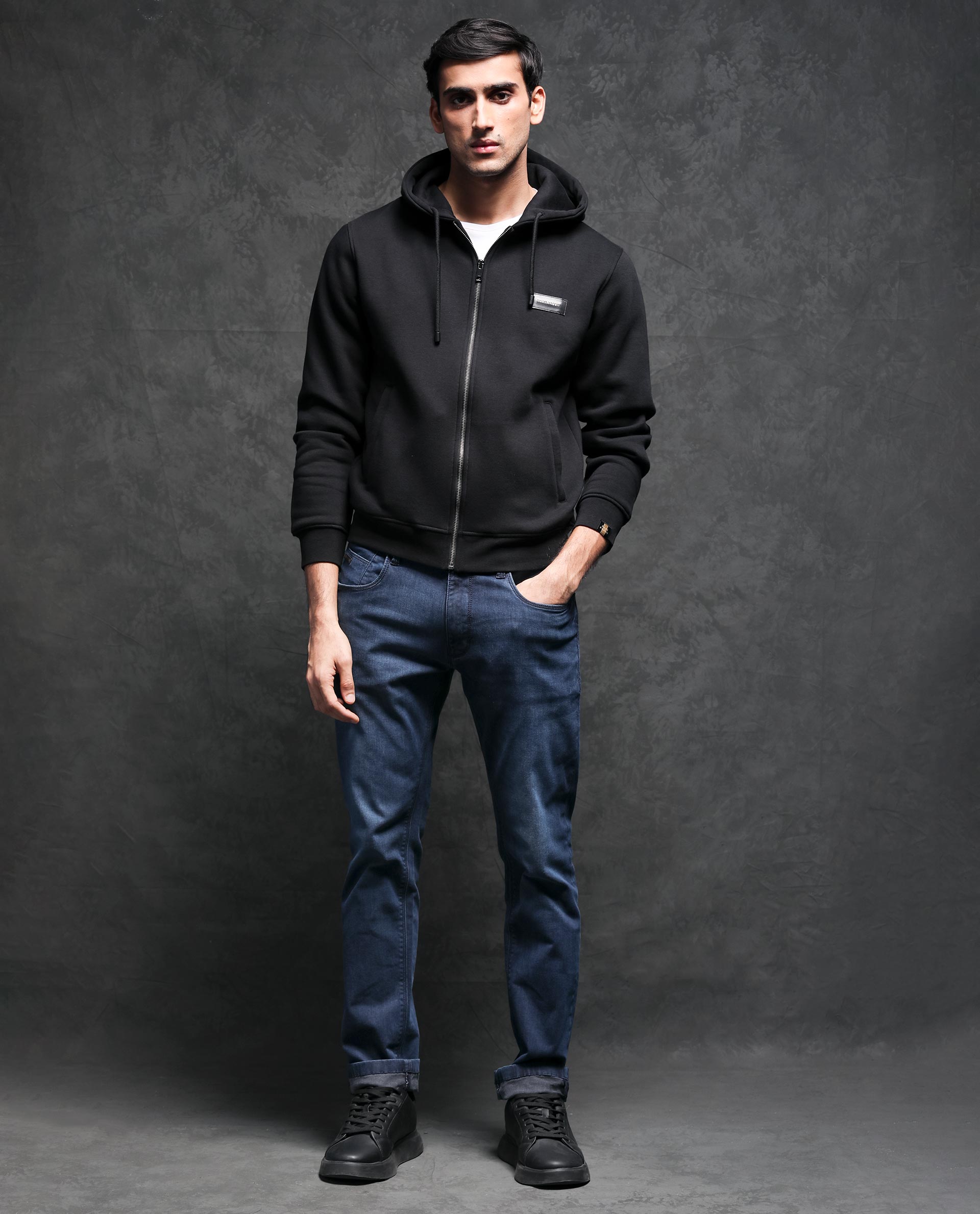 RARE RABBIT MEN'S DUKE BLACK SWEATSHIRT COTTON POLYESTER FABRIC HOODED NECK FULL SLEEVES ZIPPER CLOSURE SLIM FIT
