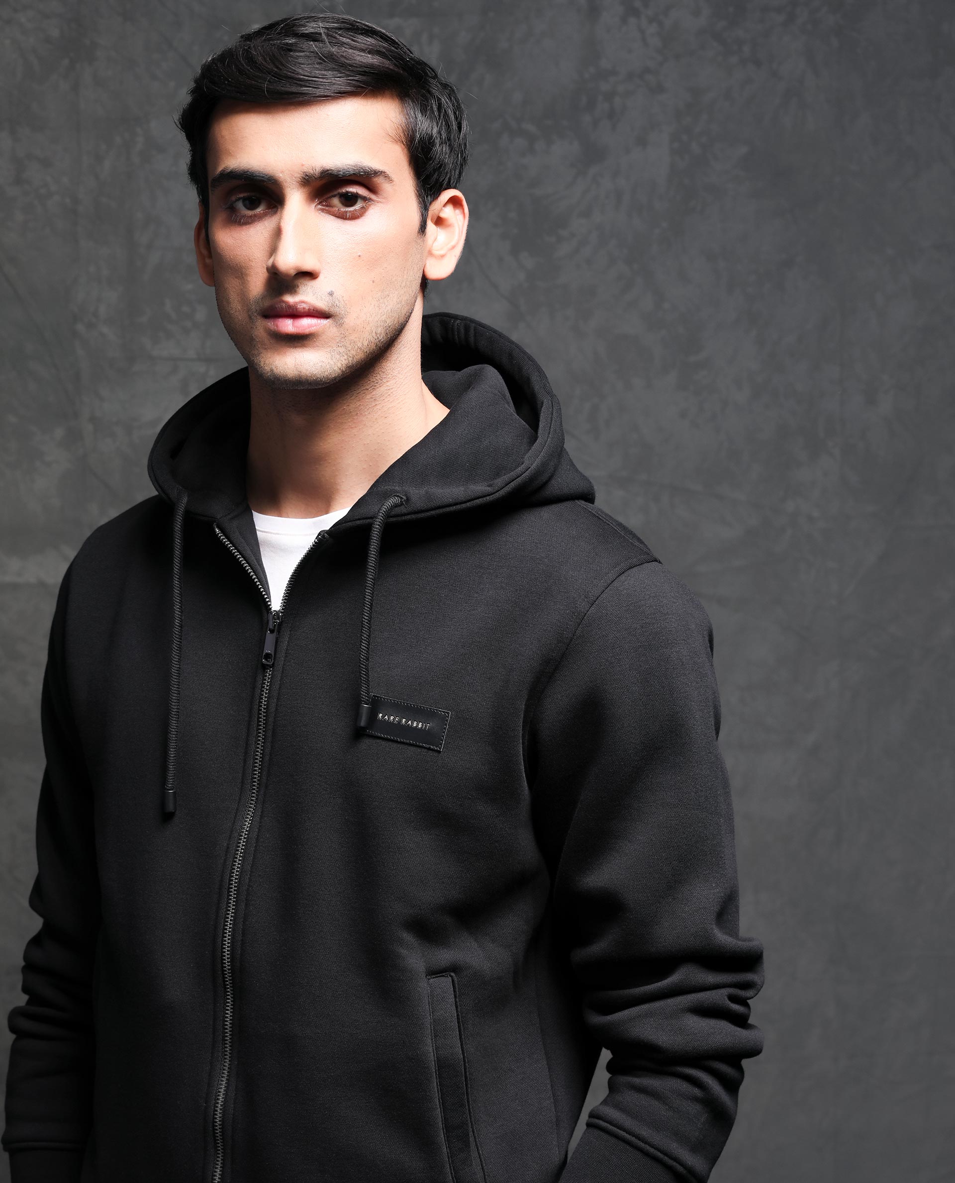 RARE RABBIT MEN'S DUKE BLACK SWEATSHIRT COTTON POLYESTER FABRIC HOODED NECK FULL SLEEVES ZIPPER CLOSURE SLIM FIT