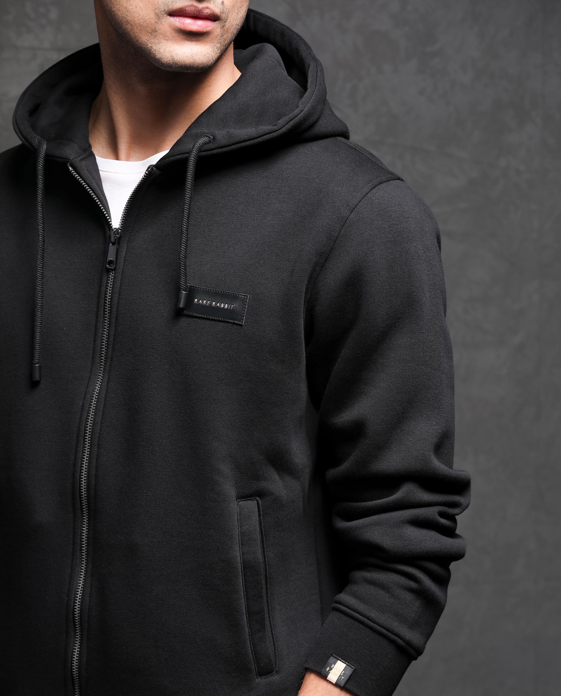 RARE RABBIT MEN'S DUKE BLACK SWEATSHIRT COTTON POLYESTER FABRIC HOODED NECK FULL SLEEVES ZIPPER CLOSURE SLIM FIT