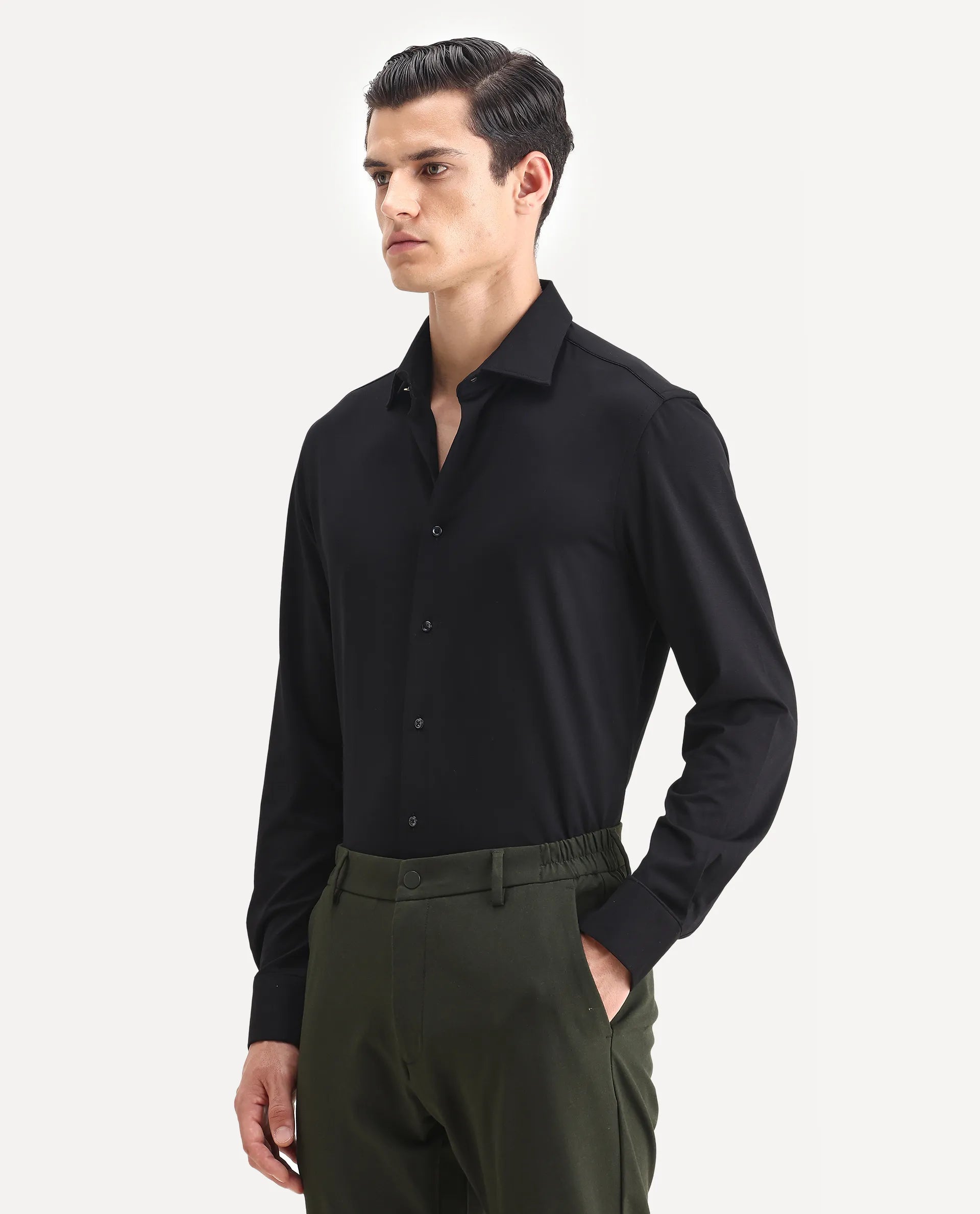 Rare Rabbit Men's Dulce Black Cotton Plain Regular Fit Full Sleeve Collared Shirt