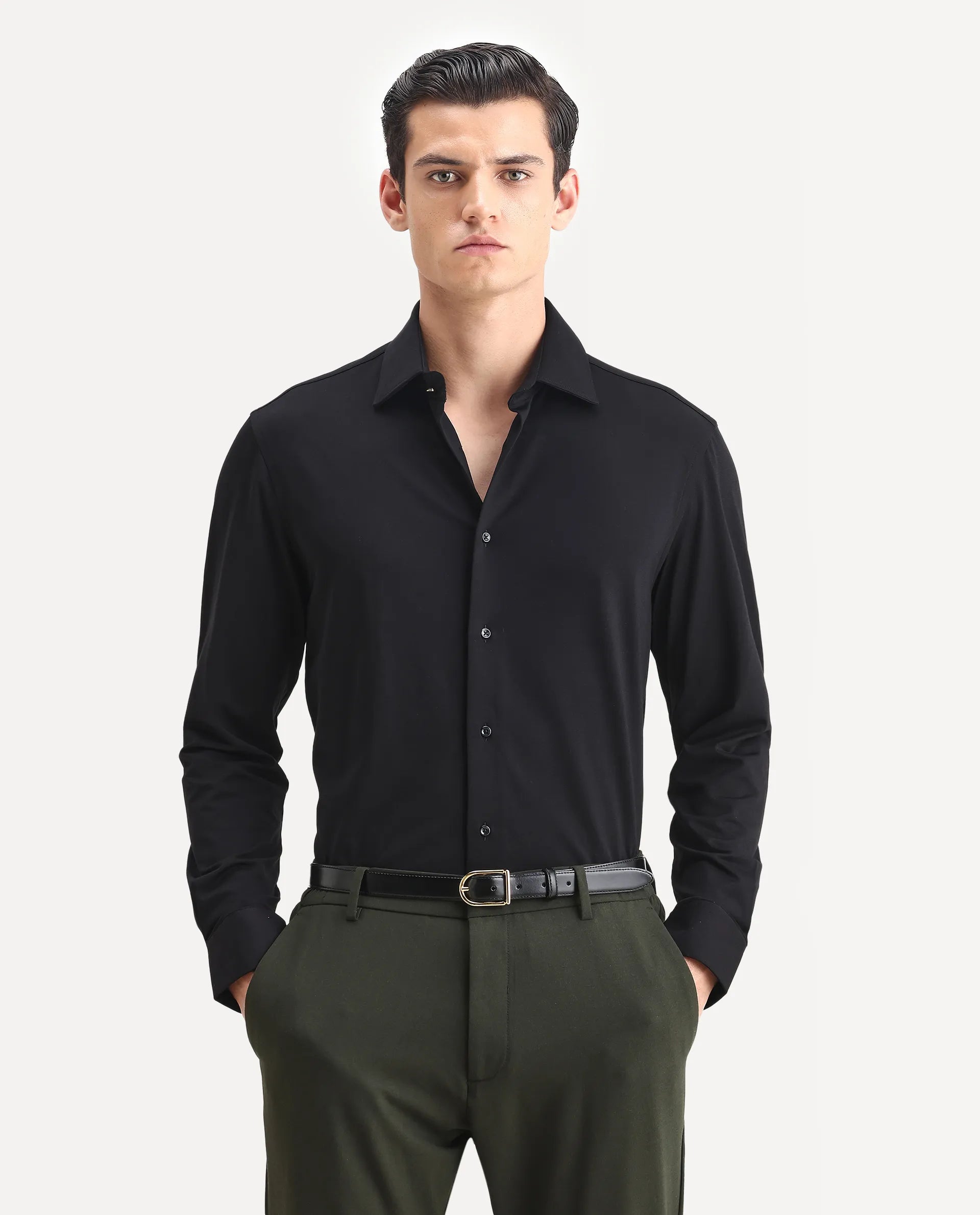 Rare Rabbit Men's Dulce Black Cotton Plain Regular Fit Full Sleeve Collared Shirt