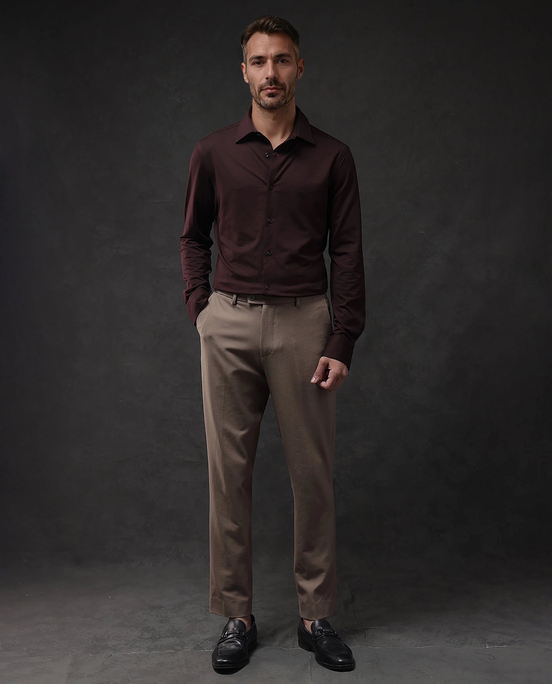 Rare Rabbit Men Dulce Dark Maroon Cotton Fabric Full Sleeve Regular Fit Solid Shirt